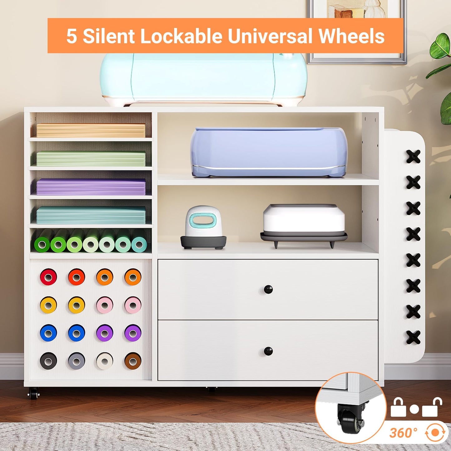 MilleLoom Craft Cart with Vinyl Roll Holder - Large Rolling Cricut Cart Organizer & Workstation, Craft Storage Table Compatible with Cricut Machine, Heat Press, Craft Room White