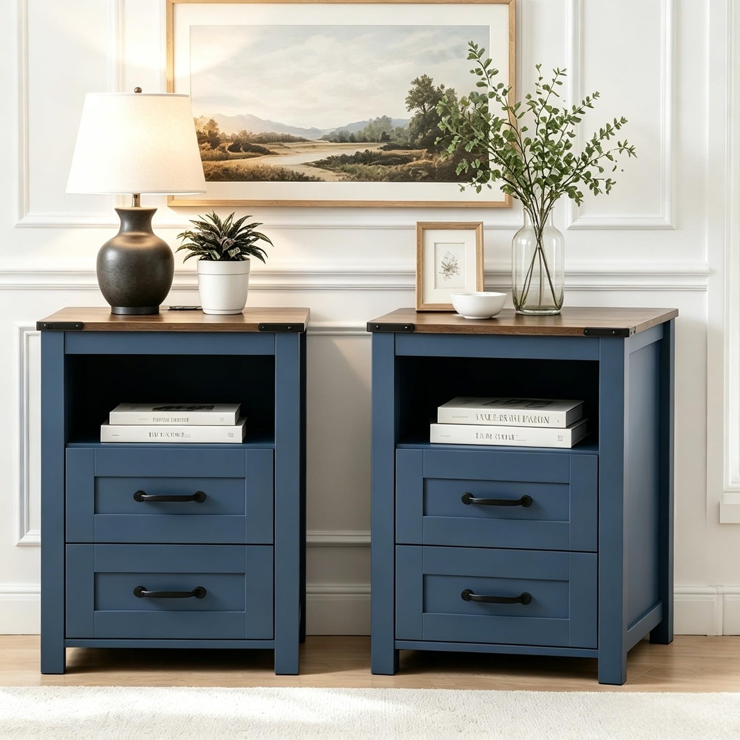 Stabrech Farmhouse Night Stand Set of 2, Rustic Blue Nightstand for Bedroom, End Tables Without Charging Station, Bedside Table with Drawers, Wood Bedside Cabinet Dresser