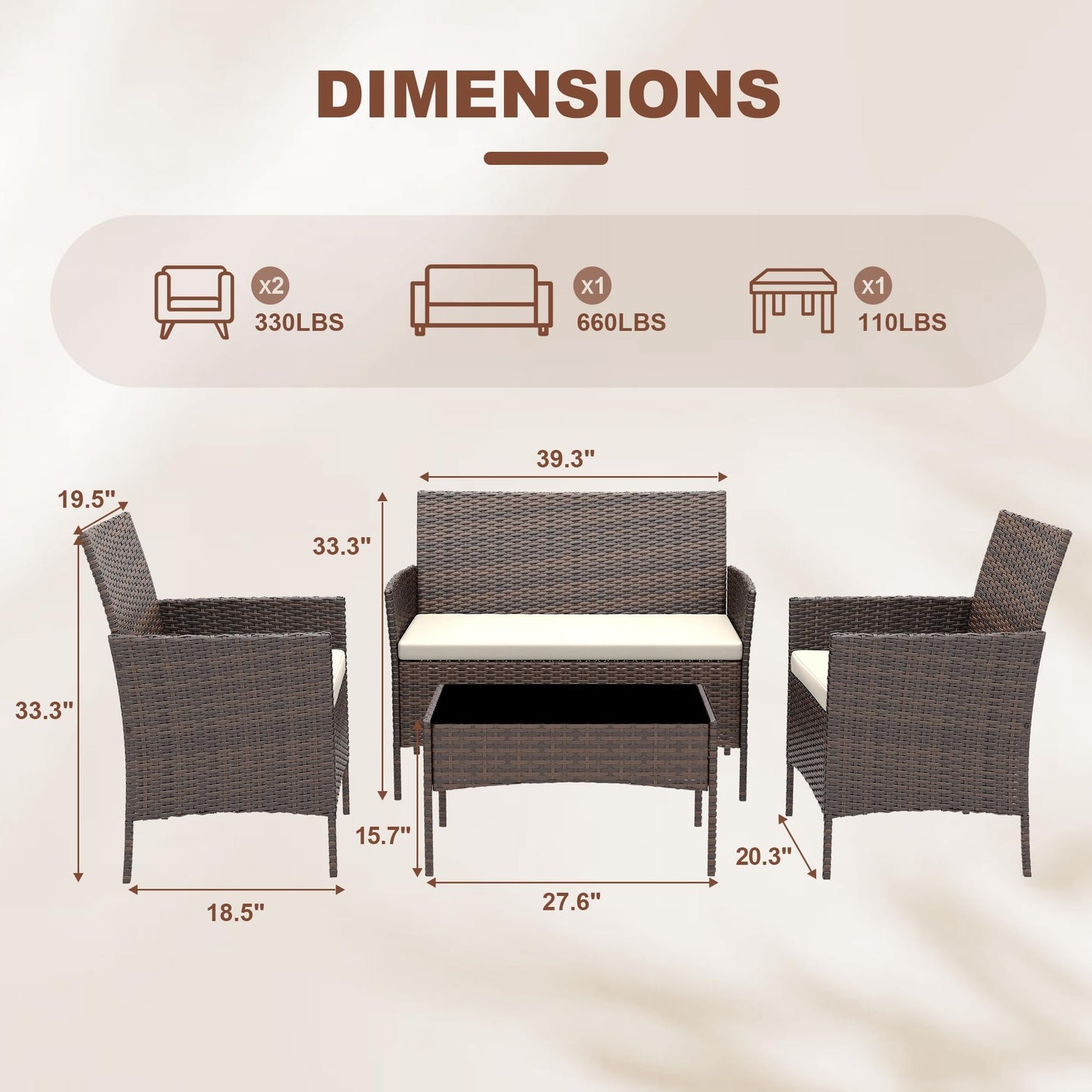 GarveeHome 4-Piece Patio Furniture Set, Outdoor Conversation Set with Coffee Table, All-Weather PE Rattan Wicker & Steel Frame, Modern Seating for Garden, Porch, Lawn, Balcony(Brown & Beige)