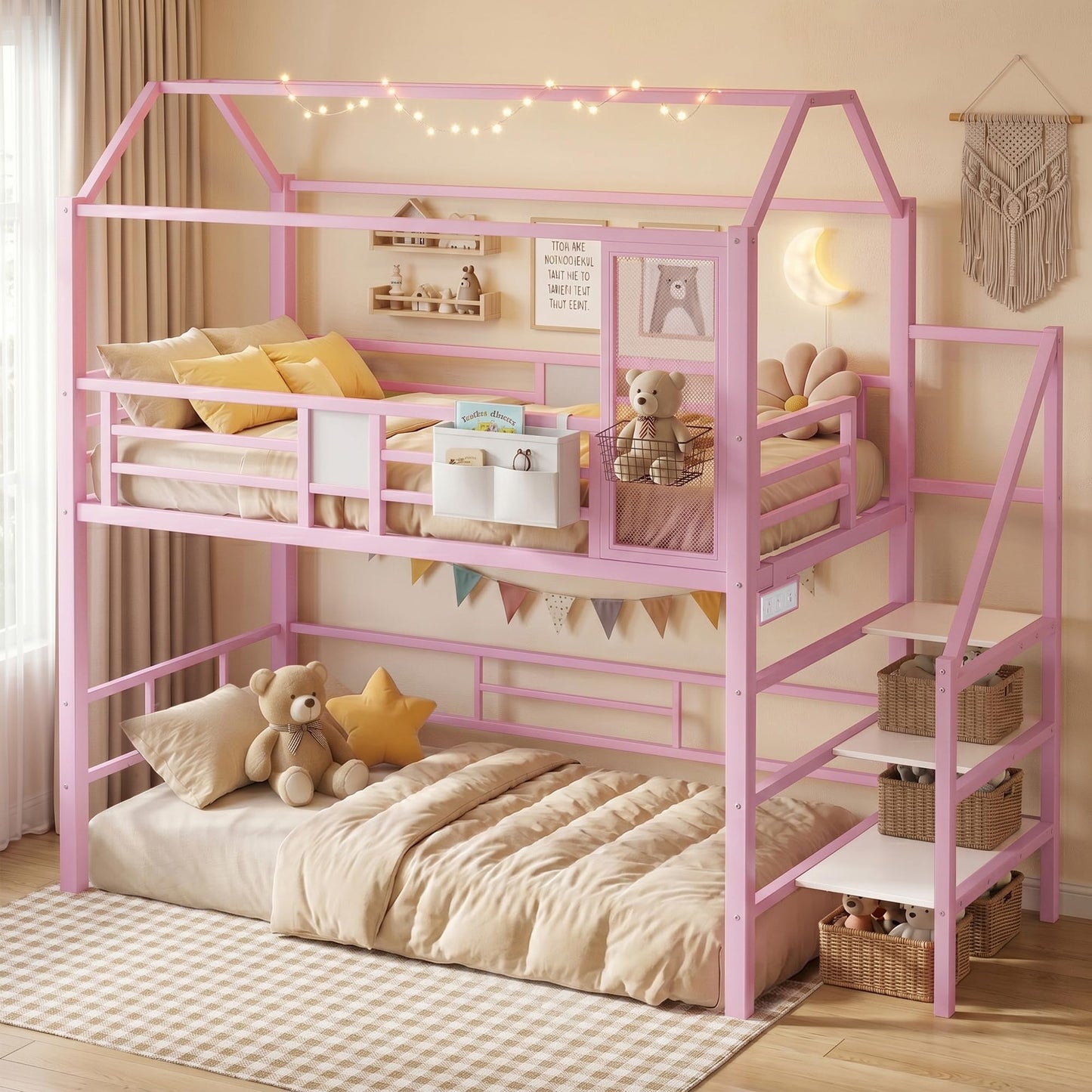 Firscook Twin Loft Bed with Stairs, Charging Station, Storage & Light Strip, Metal House Shape Loft Bed Twin Size, Heavy-Duty Loft Beds Frame for Kids, Teens, No Box Spring Needed, Pink (Pink, Twin)