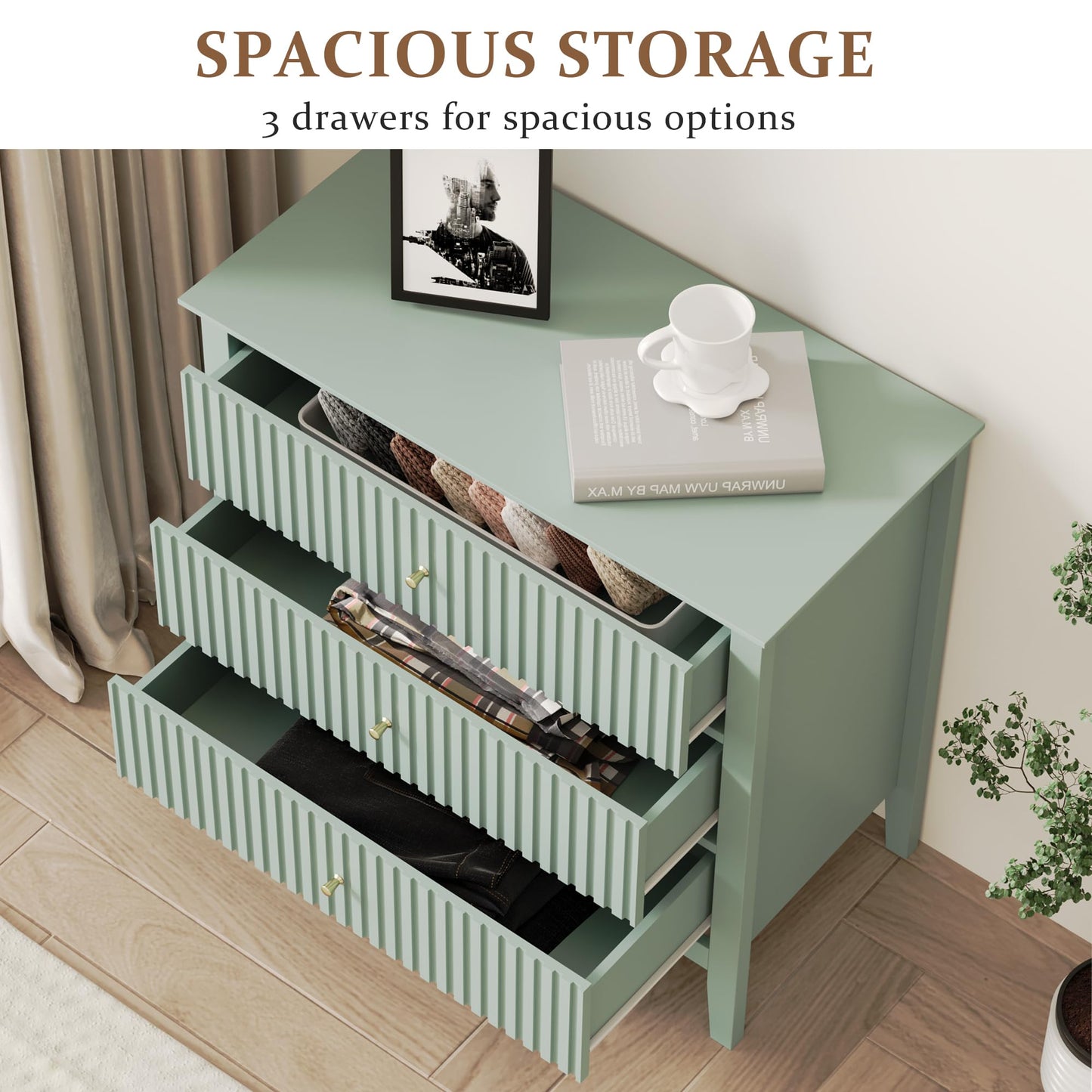 May in Color Sage Green Large 3-Section Set of 2, Painted 30 Inch Tall Wood Nightstand with Storage, Wide Modern Cabinet with Ball Bearing Slide for Hallway Living Room Entryway