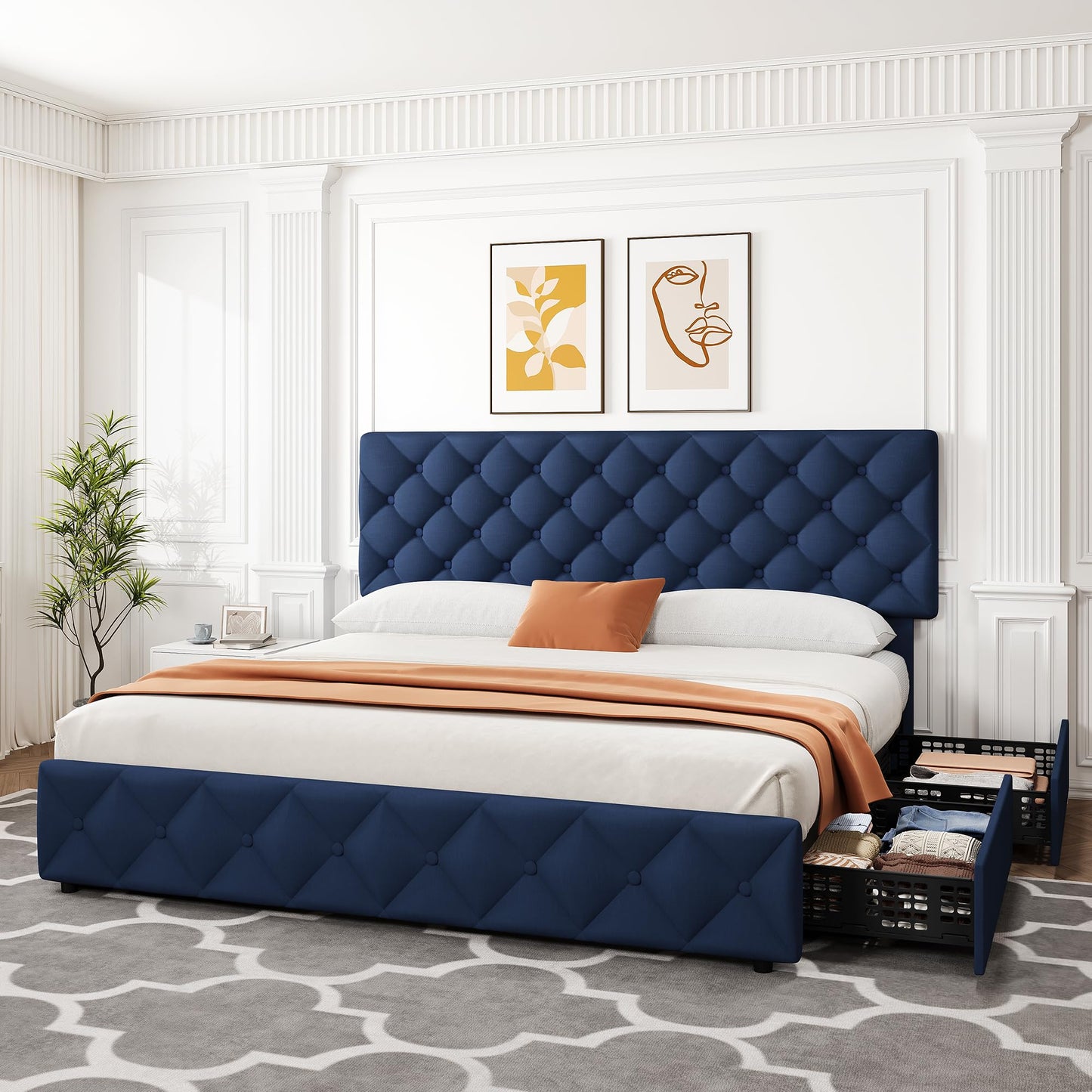 King Size Bed Frame with 4 Storage Drawers, Linen Upholstered Platform Bed Frame with Headboard and Footboard, Wooden Slats Support, Diamond Stitched Button Tufted, No Box Spring Needed, Blue