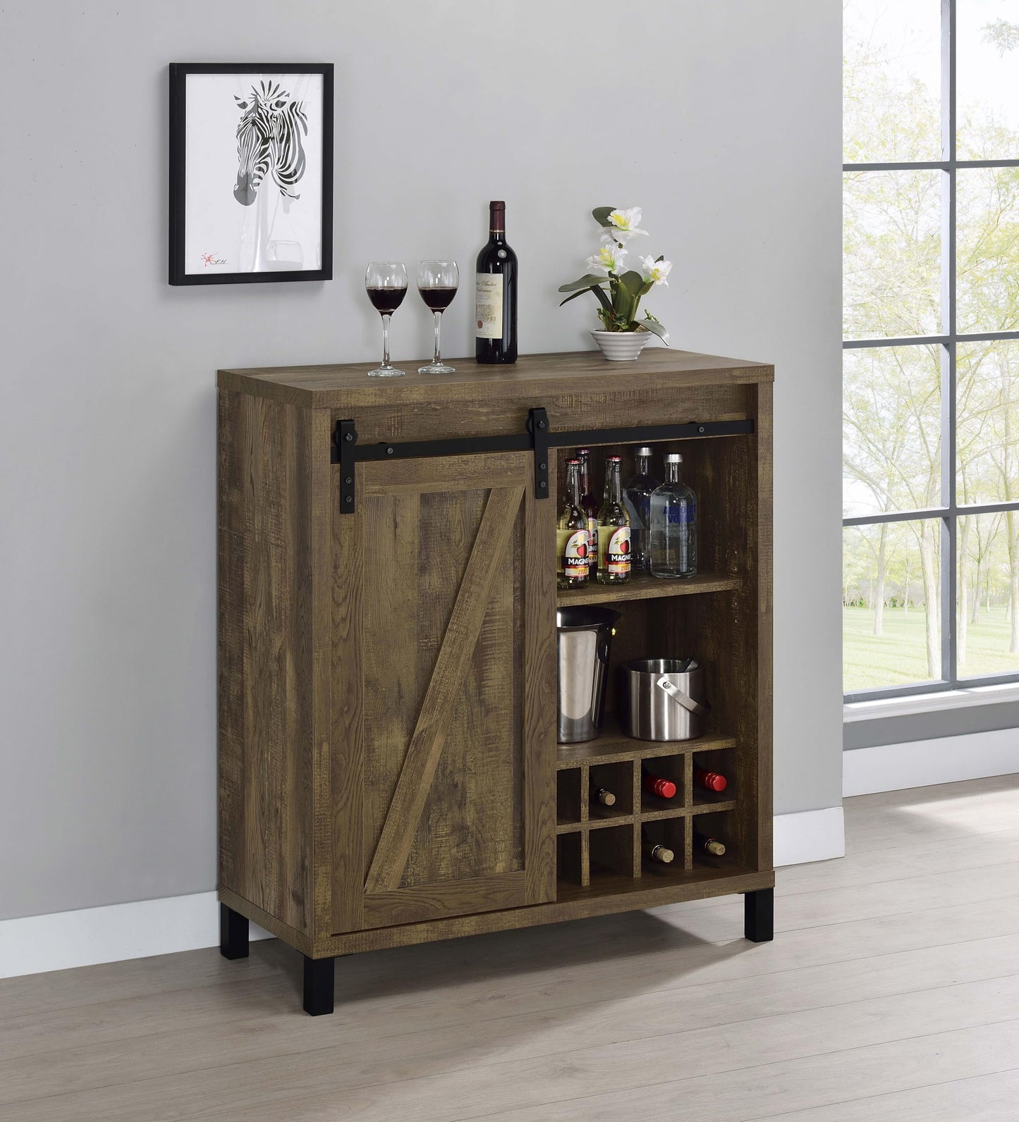 Coaster Home Furnishings Arlington Sliding Barn Door Home Bar Wine Cabinet, Rustic Farmhouse Liquor Cabinet with 3 Shelves, Stemware Rack, and Wine Racks, Oak