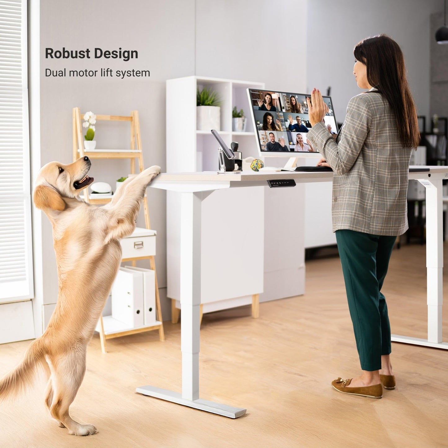Progressive Desk Stand Up Adjustable Height Electric Standing Desk - 60"x30" Dual Motor, Computer Workstation Table for Home Office - Bright Beech, White Frame