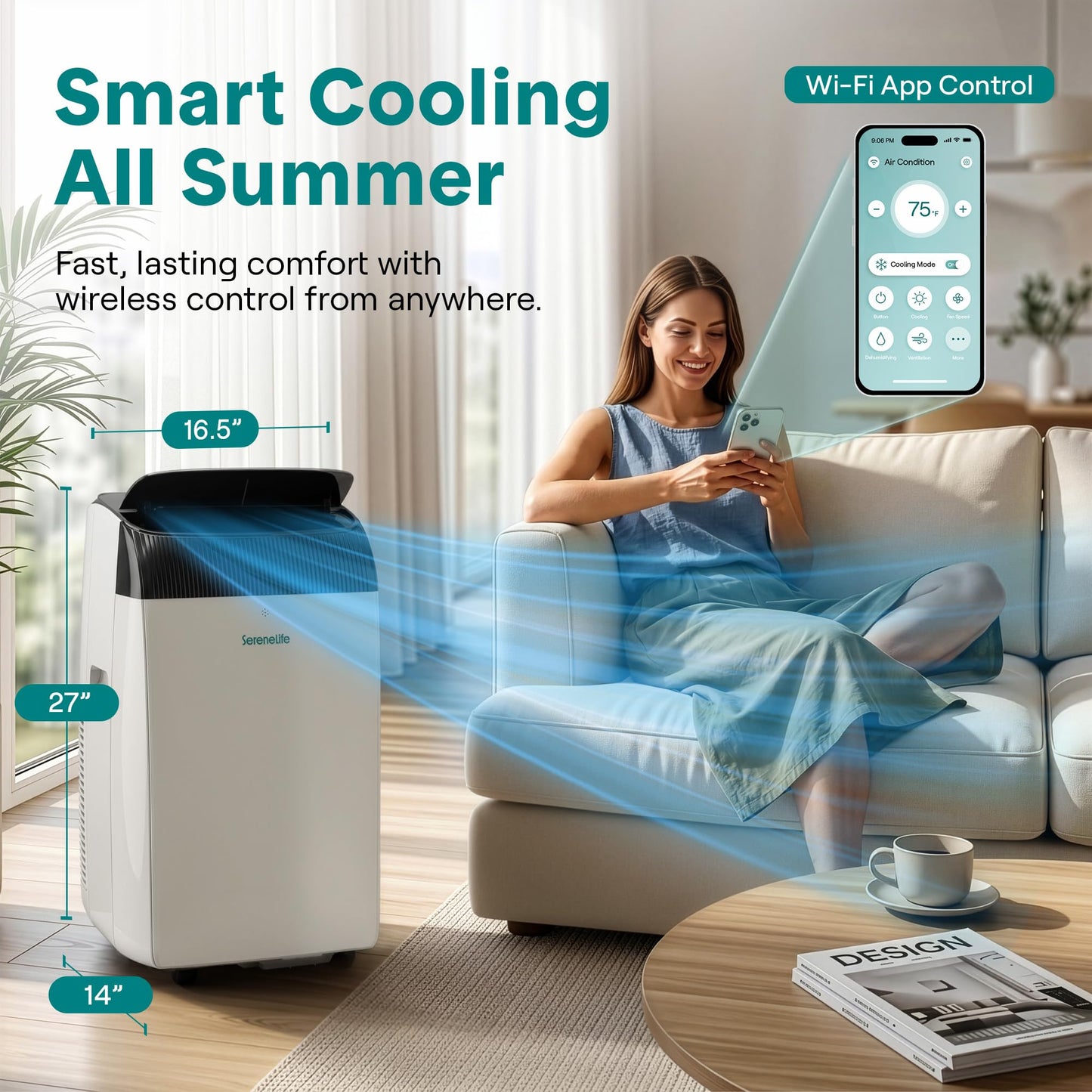 SereneLife 14,000 BTU Portable Air Conditioner with Dehumidifier, Heat, & Fan | Wi-Fi Enabled Portable AC Unit for Wide Area Climate Control | Compact Standing Air Conditioner with Window Kit