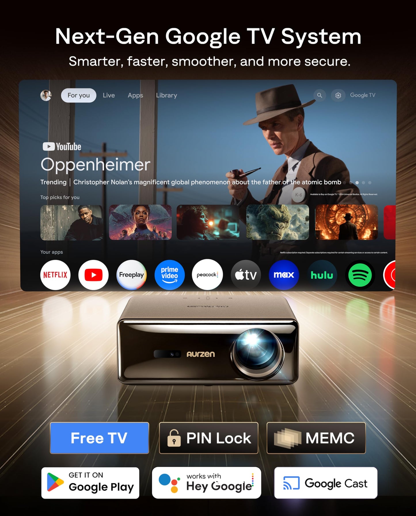 Aurzen EAZZE D1 MAX Google TV Smart Projector 4K Supported, Ultra-Bright 1000 ANSI Lumens, MEMC Tech, Fully Automatics, 20W DoIby Audio, Home Theater Movie Projector for Backyard Soccer Watch Party