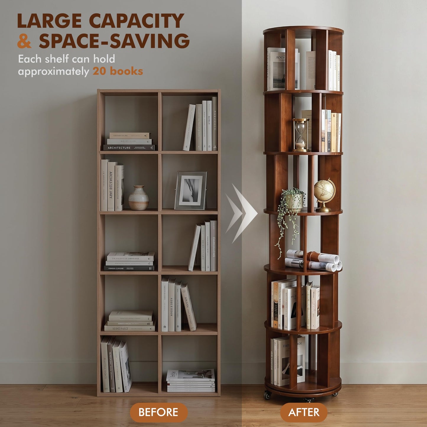Rotating Bookshelf Tower on Wheels, Solid Rubber Wood Spinning, Round Bookcase with Lockable Casters, 360° Rolling, Book Shelf for Small Spaces, Corner, Home Office & Bedroom (6 Tier - Walnut)