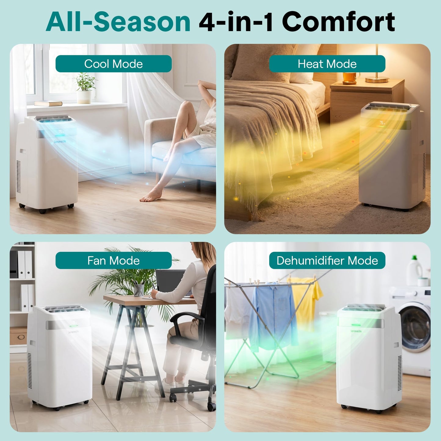SereneLife Portable AC Unit and Heater, Adjustable Temperature with 12,000 BTU Cooling & Heating, Smart Wi-Fi Control, Dehumidifier & Fan Modes, Portable AC Units for Rooms with Window Mount Kit White