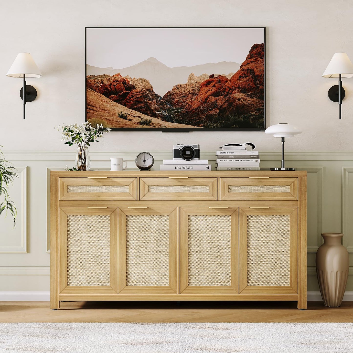 Garvee 63in Sideboard Buffet Cabinet with Storage, Rattan Farmhouse Credenza Coffee Bar Cabinet with 3 Drawers 4 Doors and Adjustable Shelves for Dining Room Kitchen