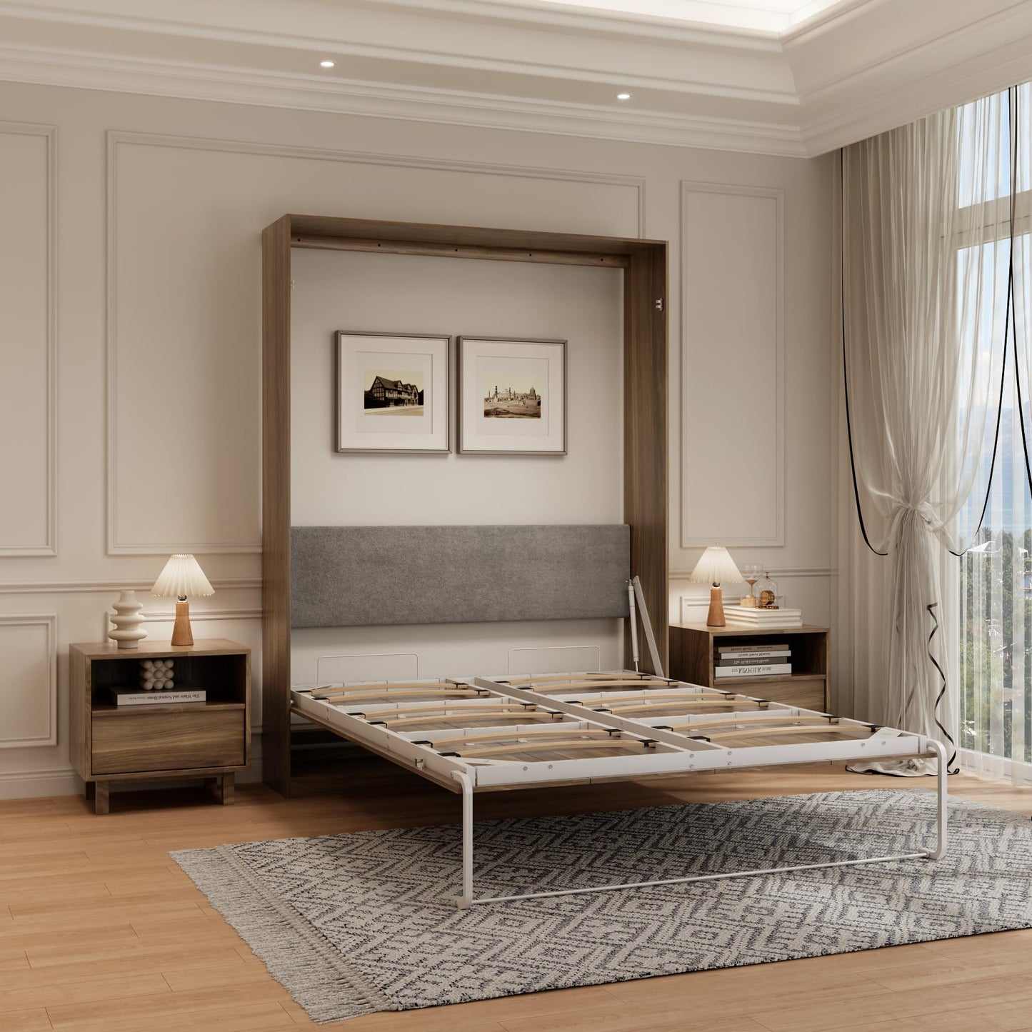 Jiaoun Queen Murphy Bed,Farmhouse Guest Beds,Folding Wall Bed with Hydraulic Bar,64" W Twin Murphy Beds for Small Spaces/Offices/Apartments/Guest Room,Browm.