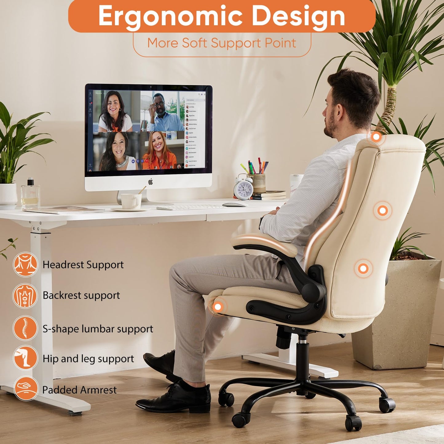 Sweetcrispy Ergonomic Computer Gaming Office Chair Set of 2, Heavy Duty Task Desk Swivel Rolling Chairs with Wheels, Flip-up Arms, Adjustable Height, PU Leather,Cream White