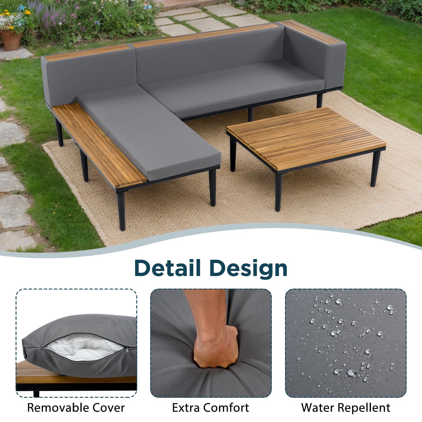 Luxury 4-Piece L-Shaped Outdoor Patio Sofa Set with Acacia Wood Side & Coffee Table, Removable Cushions & Pillows, Metal Frame, Comfortable Modular Conversation Sectional for Backyard, Porch, Gray