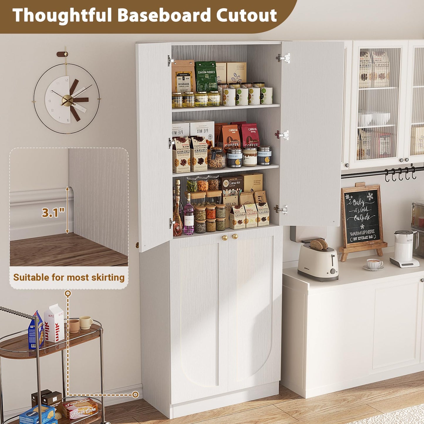 Cyclysio 80" Kitchen Pantry, Extra Tall Arch Storage Cabinet with 4 Soft Close Doors and Adjustable Shelves, Freestanding Wood Cupboard with Seamless Fit Wall for Dining Living Room Bathroom Furniture