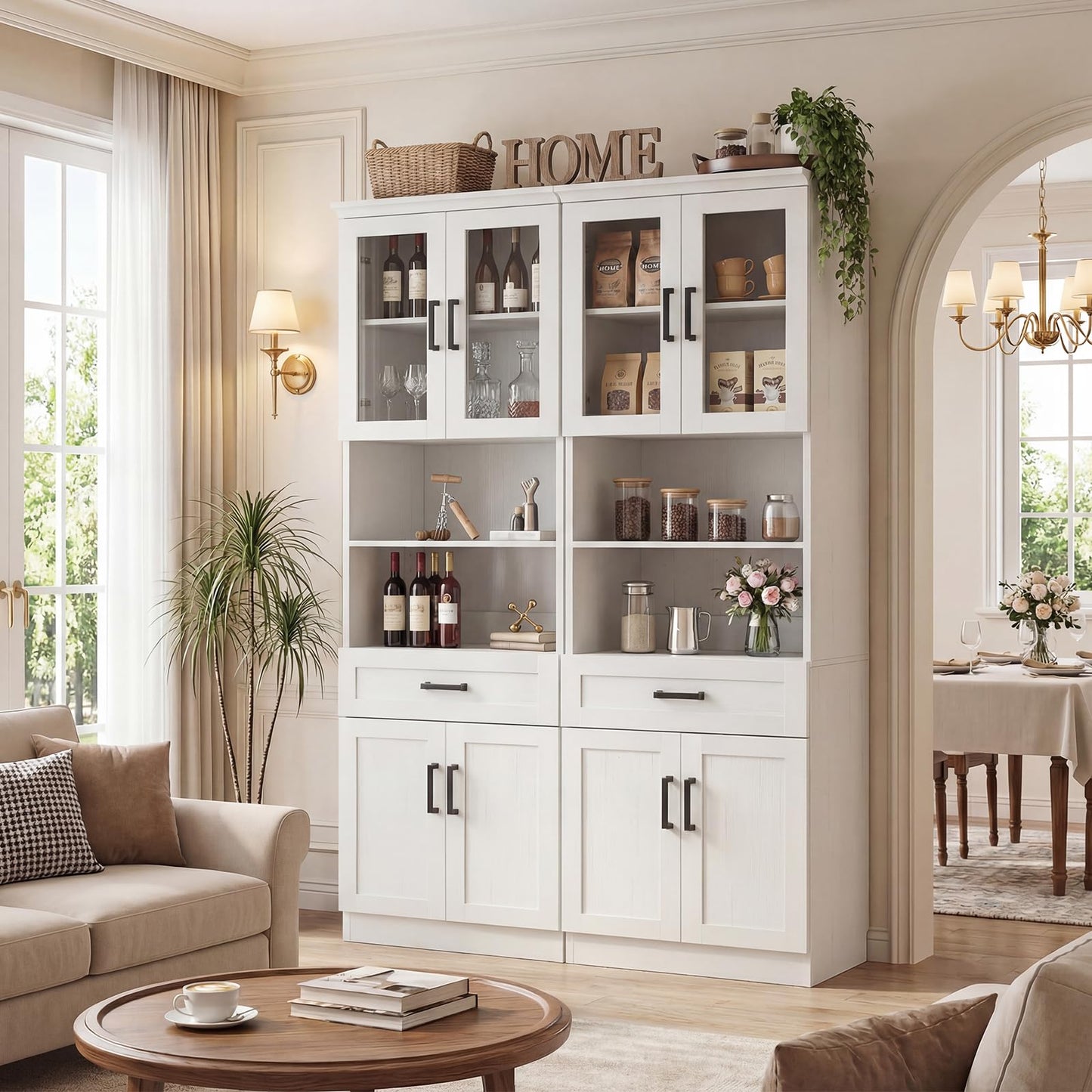 Unikito 79.7" Tall Kitchen Pantry Storage Cabinet, Freestanding Kitchen Hutch Cabinet with Glass Door, Adjustable Shelves and Drawer, Display Bookcase for Living Room, Dining Room, Bathroom, White