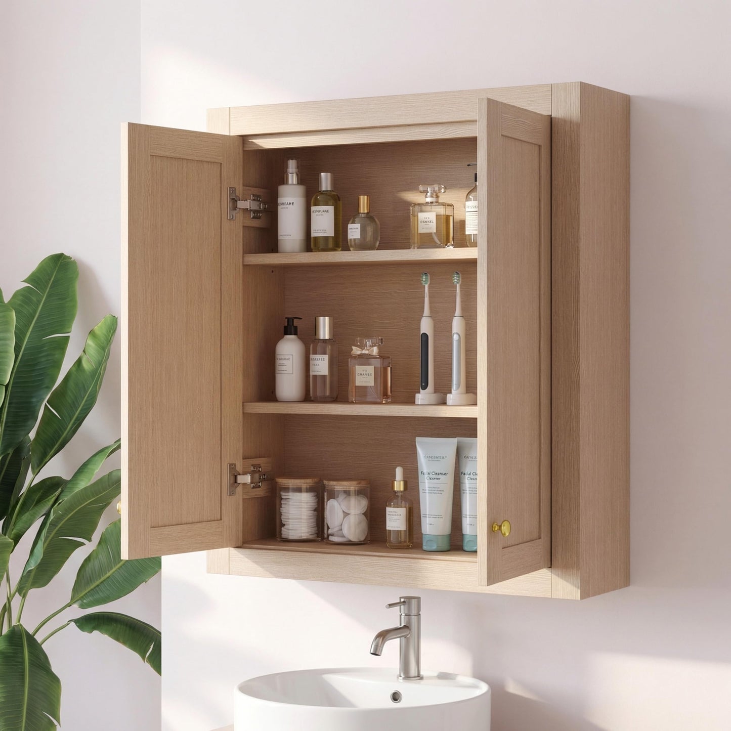 HIGEINE Bathroom Wall Mount Cabinet 24" W x 33" H, Natural Wood