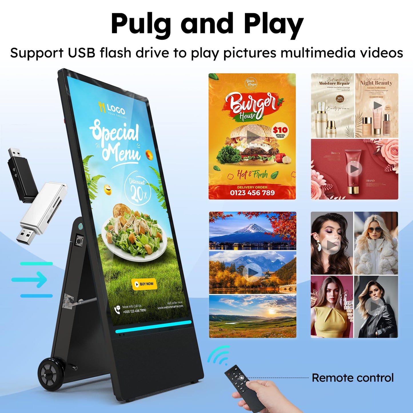 SIOXCFZ 43 inch Outdoor Mobile Digital Signage Display, LCD IP65 Waterproof Advertising Display Kiosk with Rechargeable Battery, Brightness Auto-Adjustment and Impact Resistant Screen