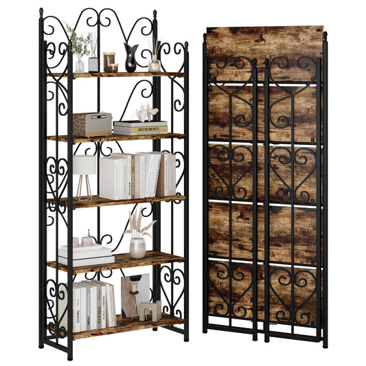 JSB 5 Tier Folding Bookshelf,Industrial Storage Shelves, No Assembly Vintage Wood Look Bookshelf with Storage Shelves for Living Room, Bedroom, Office (Fire Brown)