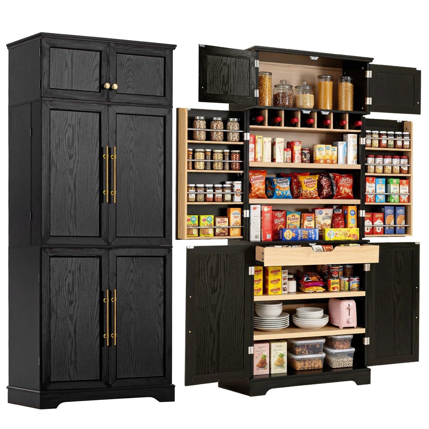 Merax 78.2" Tall Kitchen Pantry Storage Cabinet, Farmhouse Freestanding Large Cupboard with Hidden Drawer, Cabinet, 4 Adjustable Shelves, 8 Door-Shelf & 7 Wine Rack for Dining Room, Ash Black