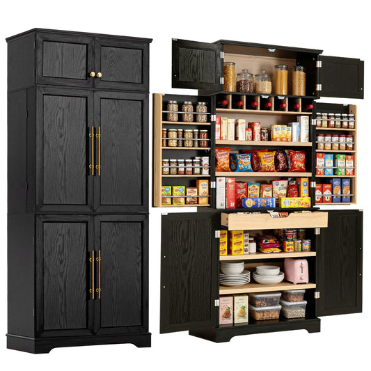 Merax 78.2" Tall Kitchen Pantry Storage Cabinet, Farmhouse Freestanding Large Cupboard with Hidden Drawer, Cabinet, 4 Adjustable Shelves, 8 Door-Shelf & 7 Wine Rack for Dining Room, Ash Black