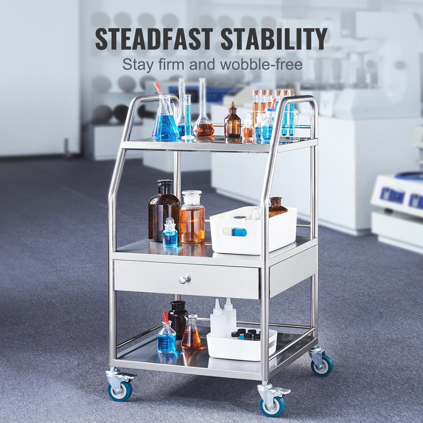 VEVOR Stainless Steel Utility Cart with 3 Shelves & 1 Drawer, 360 Swivel Casters, 220lbs Capacity
