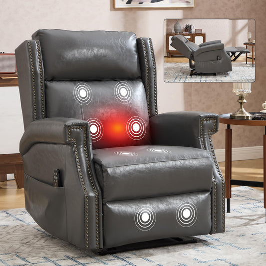 KEIKI Mid Century Modern Oversized Recliner Accent Chair for Adults, Manual Leather Recliner Chair with Back Massager and Heating for Living Room, Comfy Rocking Chairs for Small Spaces, Grey