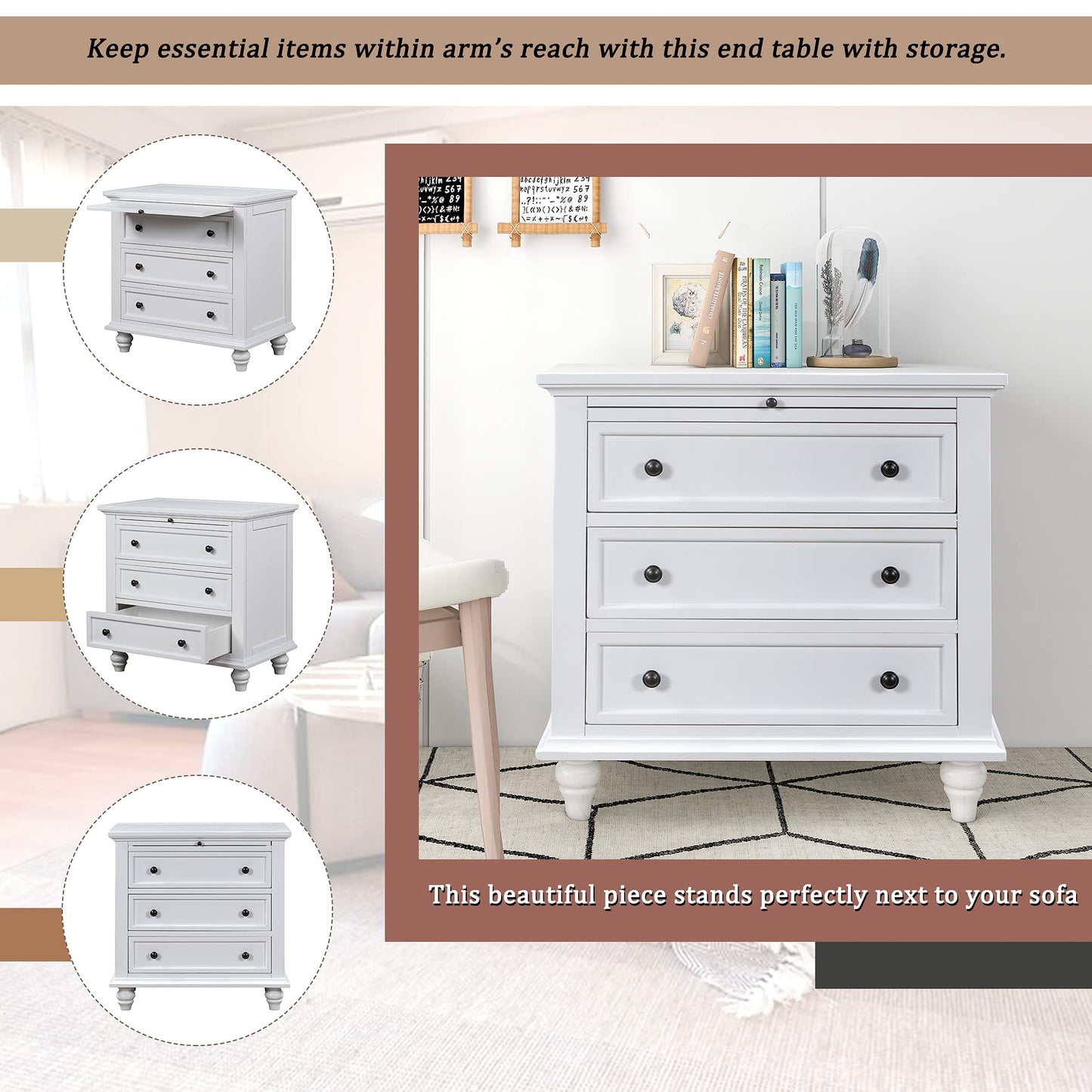 Merax Wood Nightstand with 3 Storage Drawers, Bedside End Table with Pull Out Tray, White (No Guide Rails)
