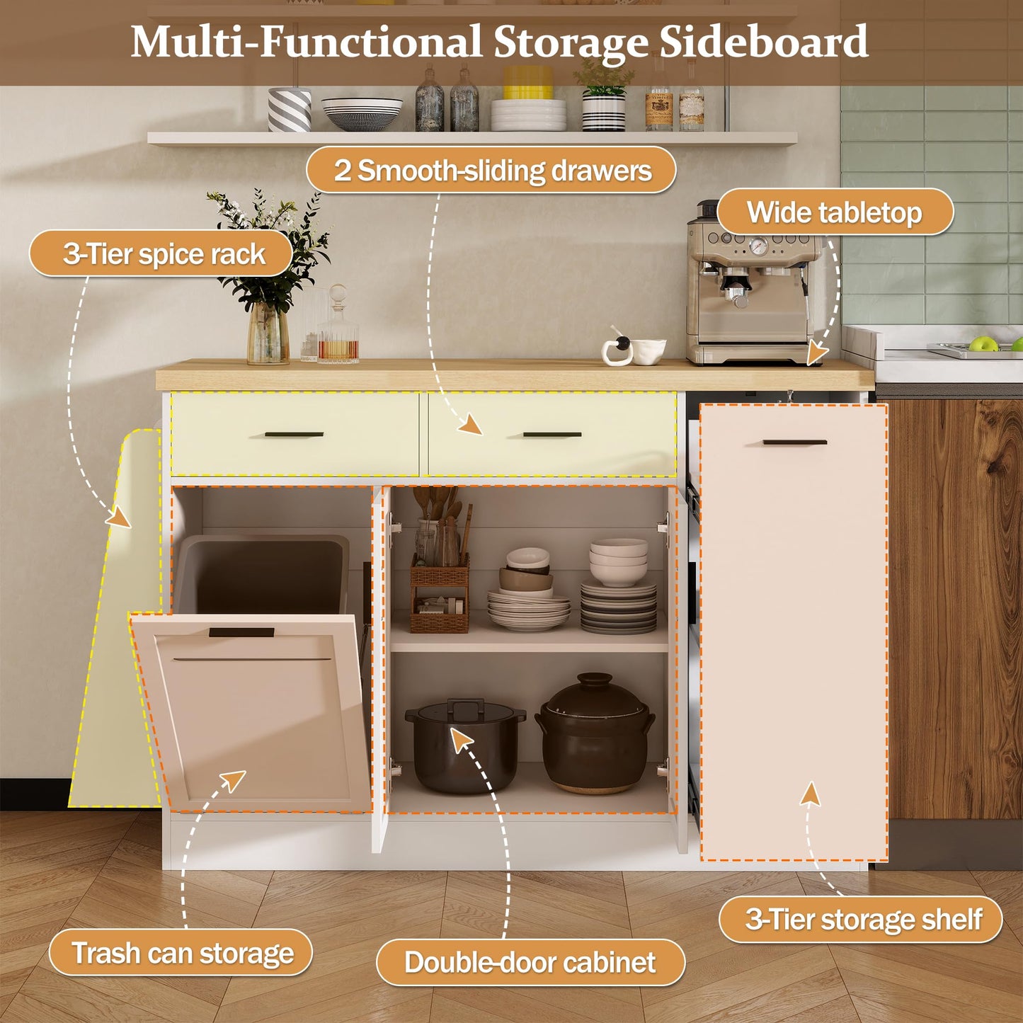 GDFStudio Kitchen Buffet Cabinet with Trash Can Storage, Sliding Door Storage Cabinet Sideboard with 3-Tier Spice Rack & 2 Drawers, Coffee Bar Cabinet Island Storage for Dining Room Living Room, White