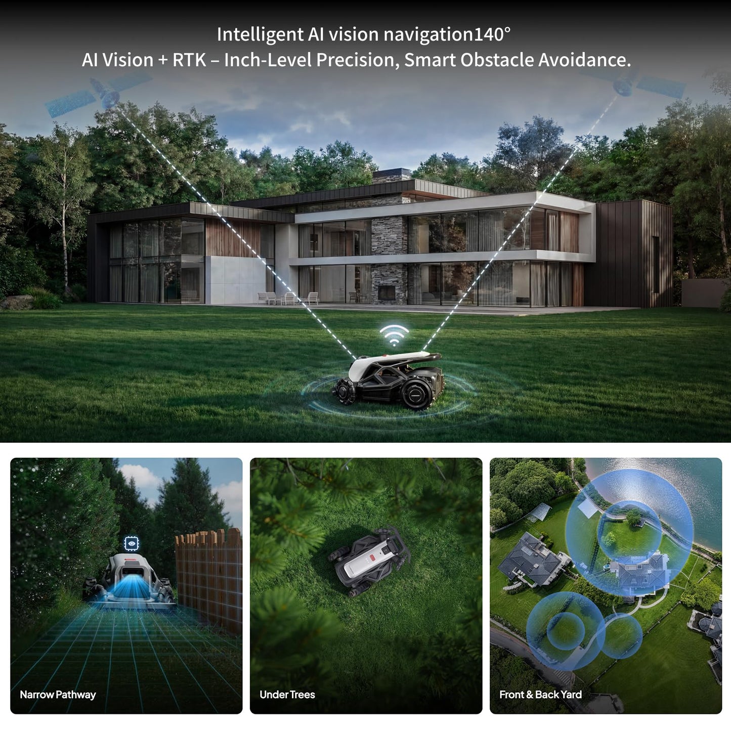 AIRSEEKER TRON SE Robot Lawn Mowe,r Wire-Free,Lawn Mower Reception 0.45 Acre,Antenna-Free NetRTK+AI Vision,65% Slope 140° Obstacle Detection,80 Multi-Zone Management, IPX6 Waterproof,10Ah