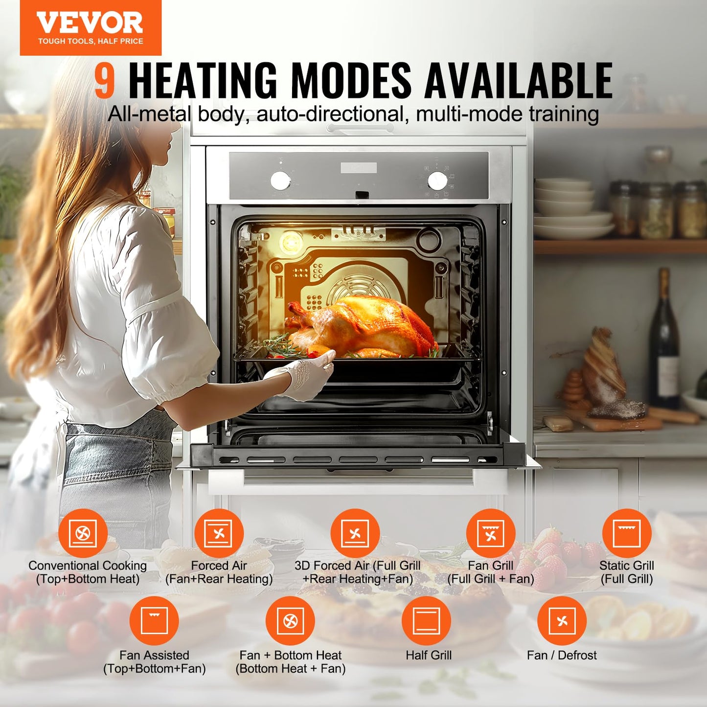 VEVOR Wall Oven, 24 inch Electric Built-in Wall Oven with 9 Cooking Functions, 2.68 Cu.Ft Convection Wall Oven with Digital Timer, Electric Single Wall Oven with Baking Rack and Tray, for Kitchen
