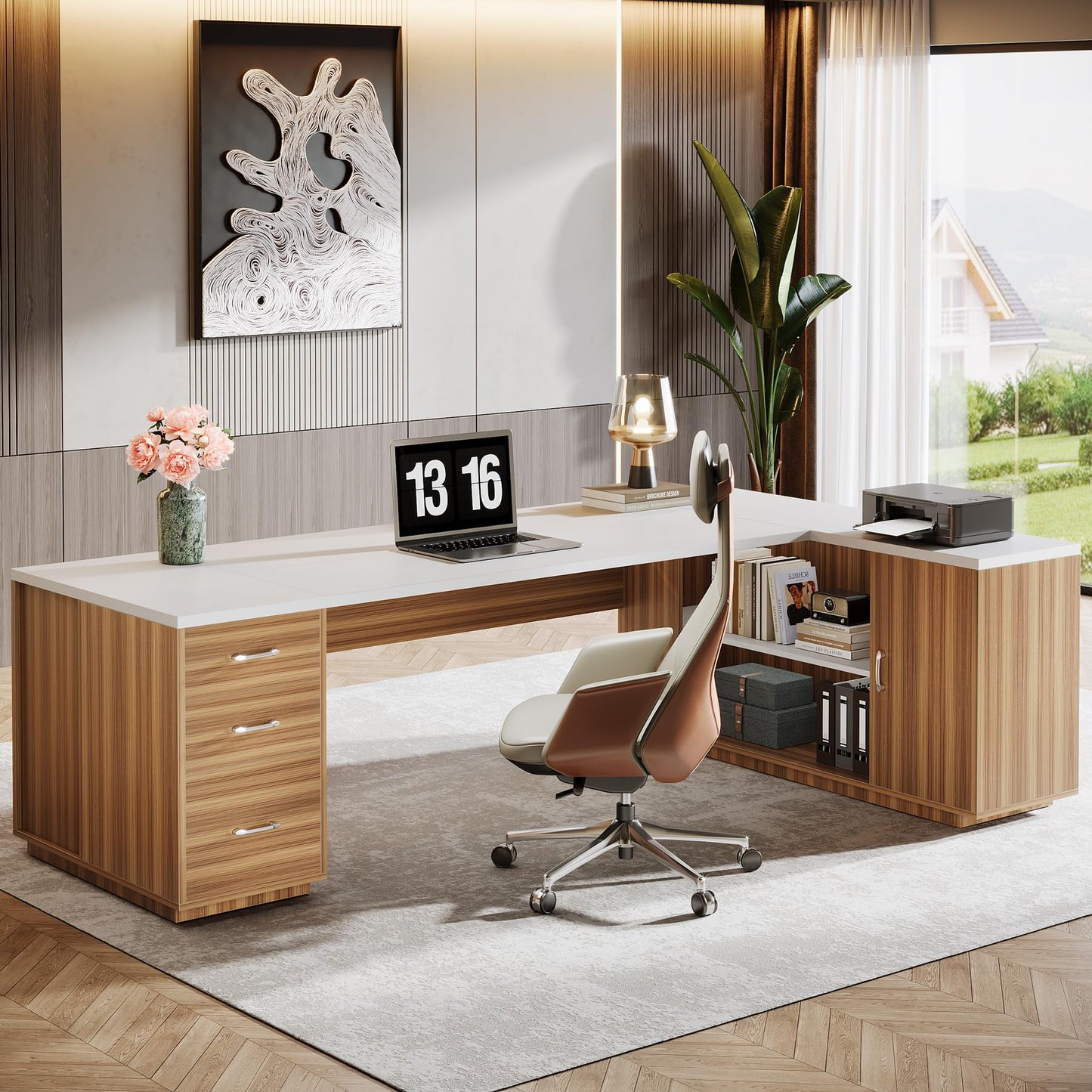 Tribesigns 85.8-Inch L-Shaped Executive Office Desk with File Drawers & Storage Cabinet, Professional Corner Computer Desk Extra Large Business Workstation with Adjustable Shelves (White&Walnut)