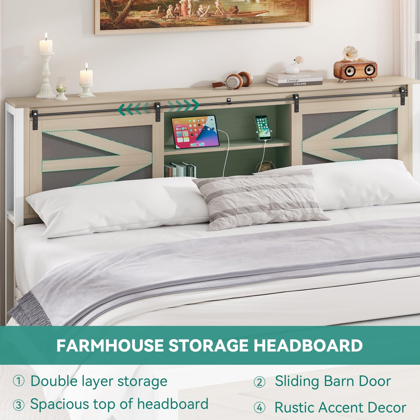YITAHOME Farmhouse Queen Size Bed Frame with Headboard, Bookcase Storage Shelves, Sliding Grid Barn Door, Charging Station, Rustic Wood Platform Bed, No Box Spring Needed, Oak
