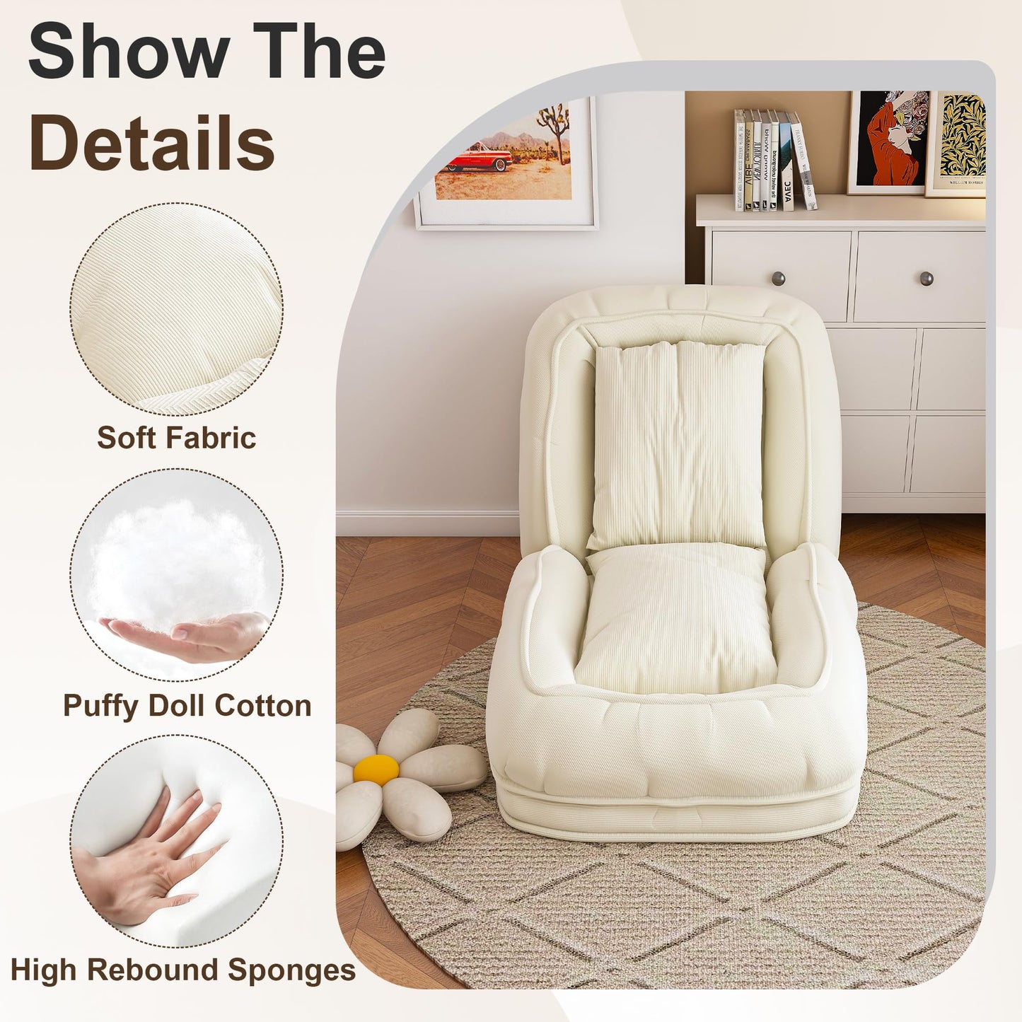 KEIKI Giant Human Dog Bed for People, Adjustable Floor Sofa Bed with 5-Position Backrest & 2 Pillows, Foldable Human Size Dog Bed, Plush Lounge Chair for Adults, Gaming, Reading, Relaxing, Off White