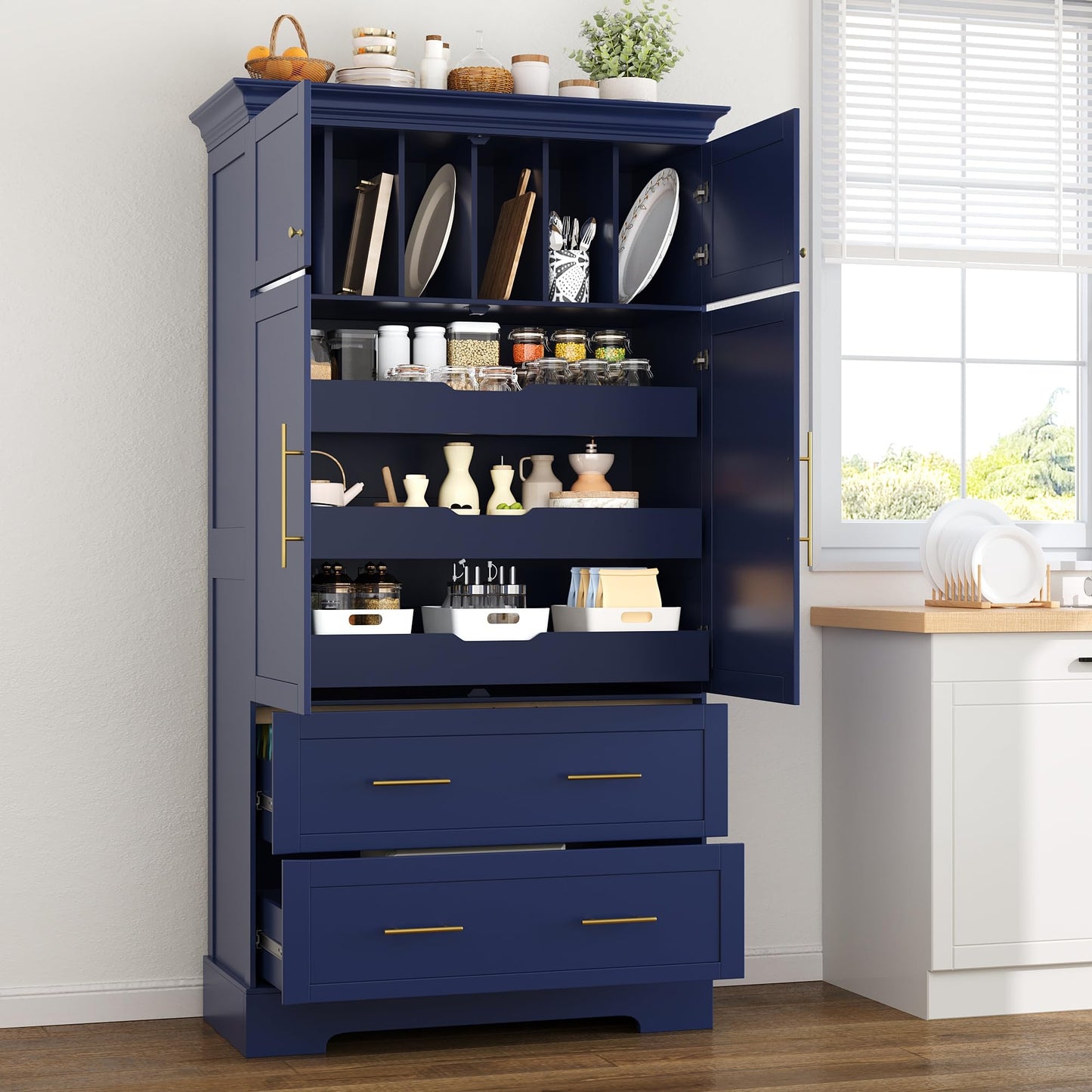 Merax 72.6" Farmhouse Kitchen Pantry Cabinet with Pull-Out Trays & Drawers, Freestanding Pantry with Cake Pan Storage, 4-Door Shaker Style Storage Cabinet, 40" L x 18" W, Blue