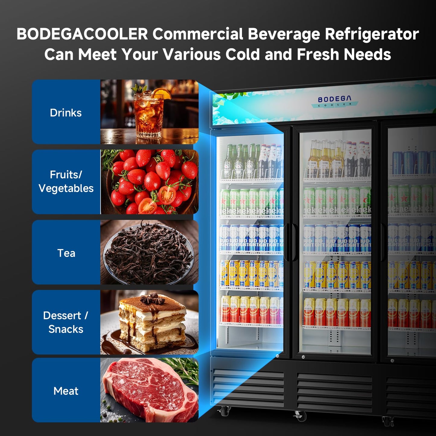 BODEGACOOLER 67.3“W 53 Cu. Ft Commercial Beverage Refrigerator,3 Glass Door Merchandiser Cooler, Display Refrigerator with LED Lighting, Adjustable Shelves, Temperature Control, Heavy-Duty Casters