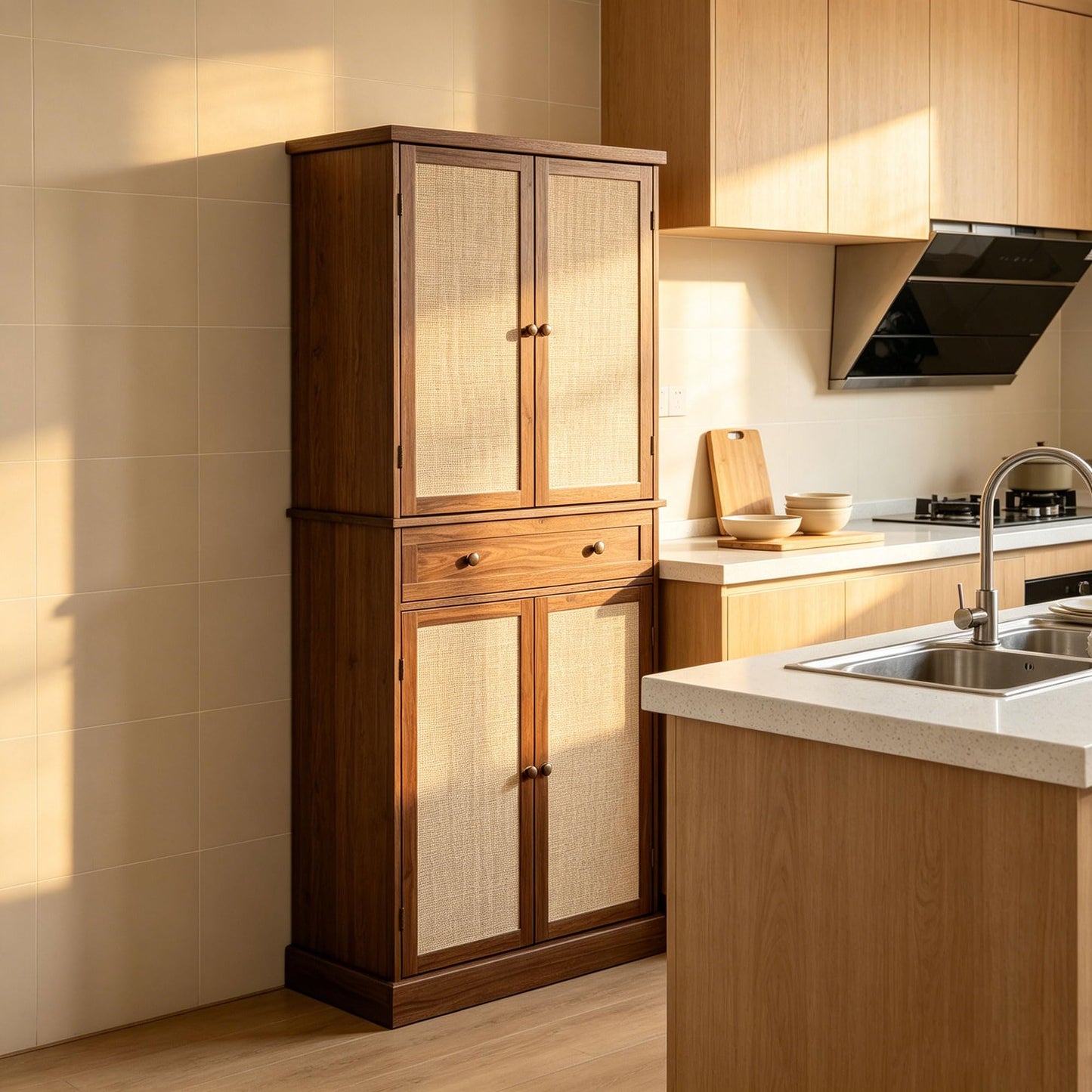 72.2" Walnut Rattan Kitchen Pantry Cabinet, Freestanding Farmhouse Storage Hutch with 4 Adjustable Shelves & 1 Drawer, 180° Metal Hinges Anti-Toppling Tall Wooden Cupboard for Kitchen Dining Room