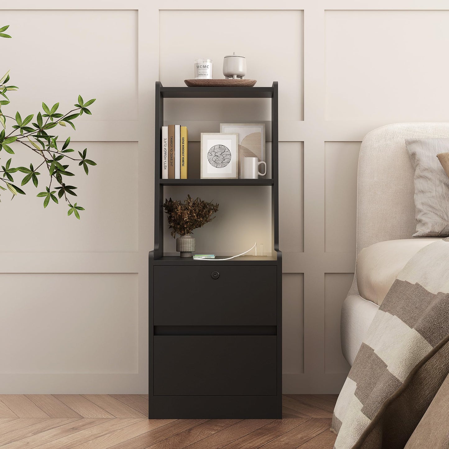 Black Nightstand with Charging Station & Night Light, Modern Black Bedside Table with Bookshelf & Storage Cabinet for Bedroom, 41InchTall Nightstand for Bedroom - W15.74 x D15.74 x H41.14