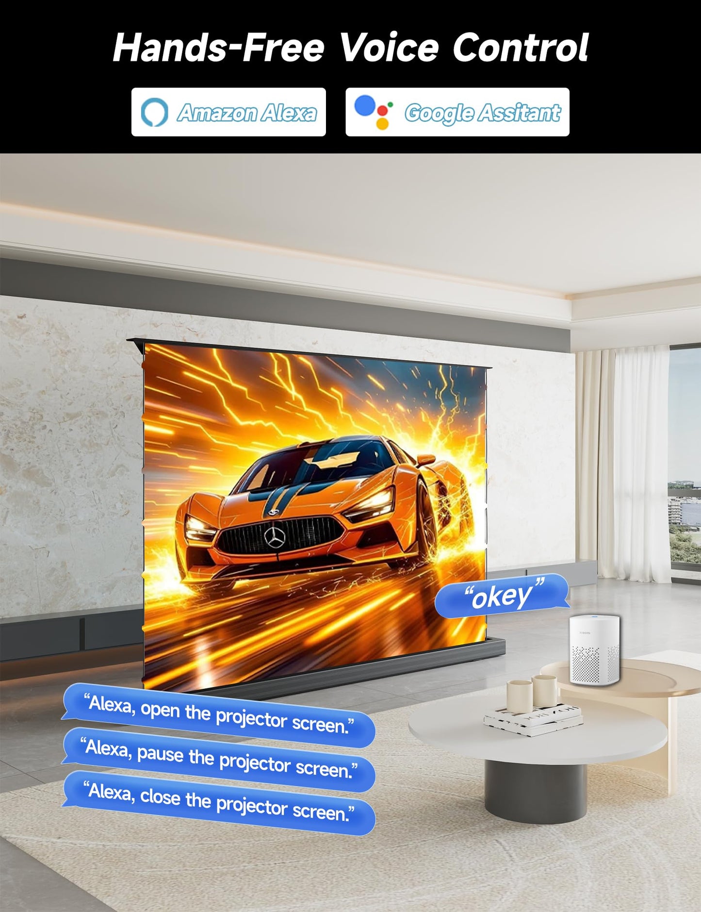 IN&VI 100" Motorized ALR Projector Screen for Ultra Short Throw Projector, Floor Rising Projector Screen, 95% Ambient Light Rejecting, 4K/8K UHD Active 3D, Anti Daylight Home Theater Screen