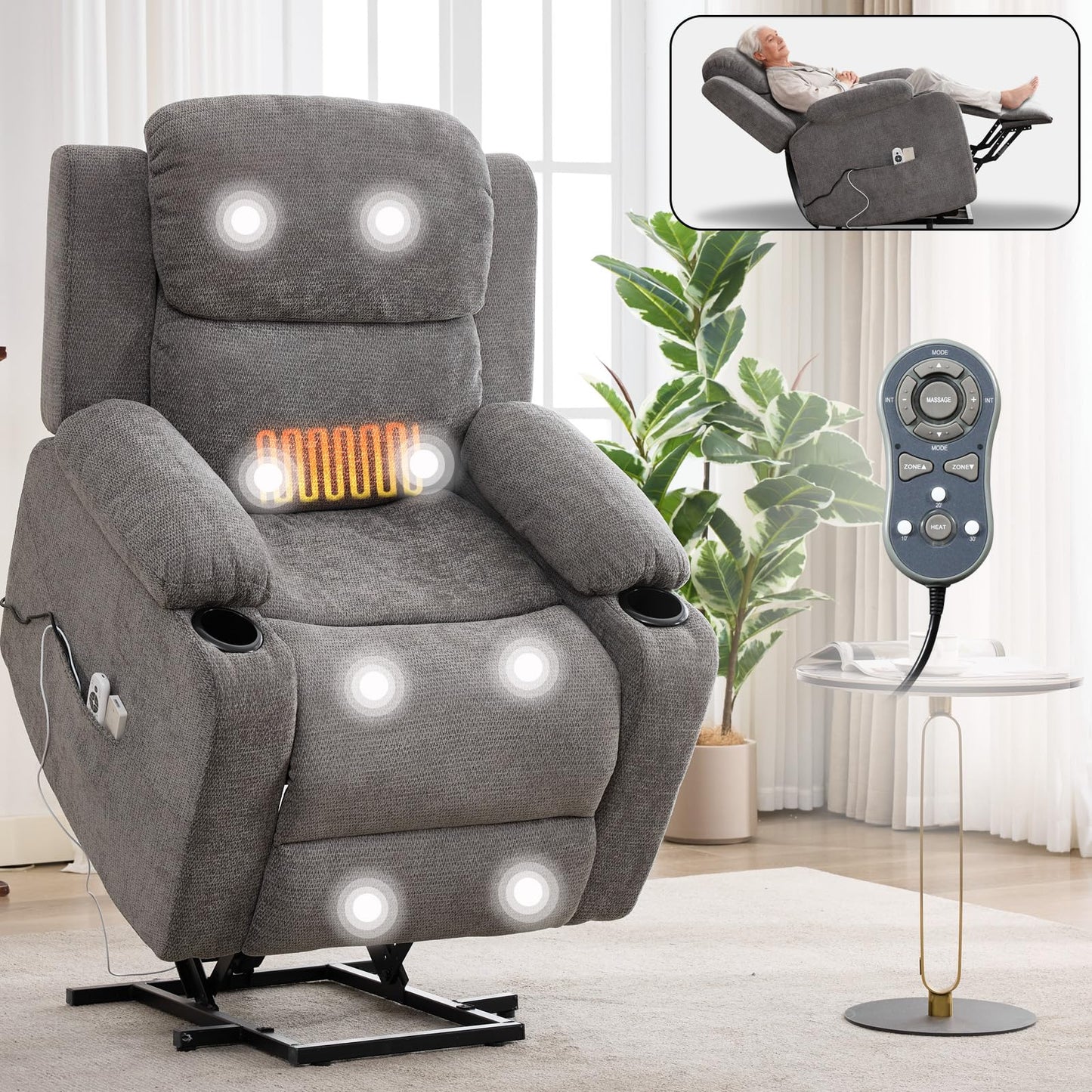 Eafurn Power Lift Recliner Chair for Elderly with Massage and Heat, Heavy Duty Electric Living Room Reclining Chair with 8-Point Vibration & Lumbar Heating, Dual USB Ports, 2 Cup Holders