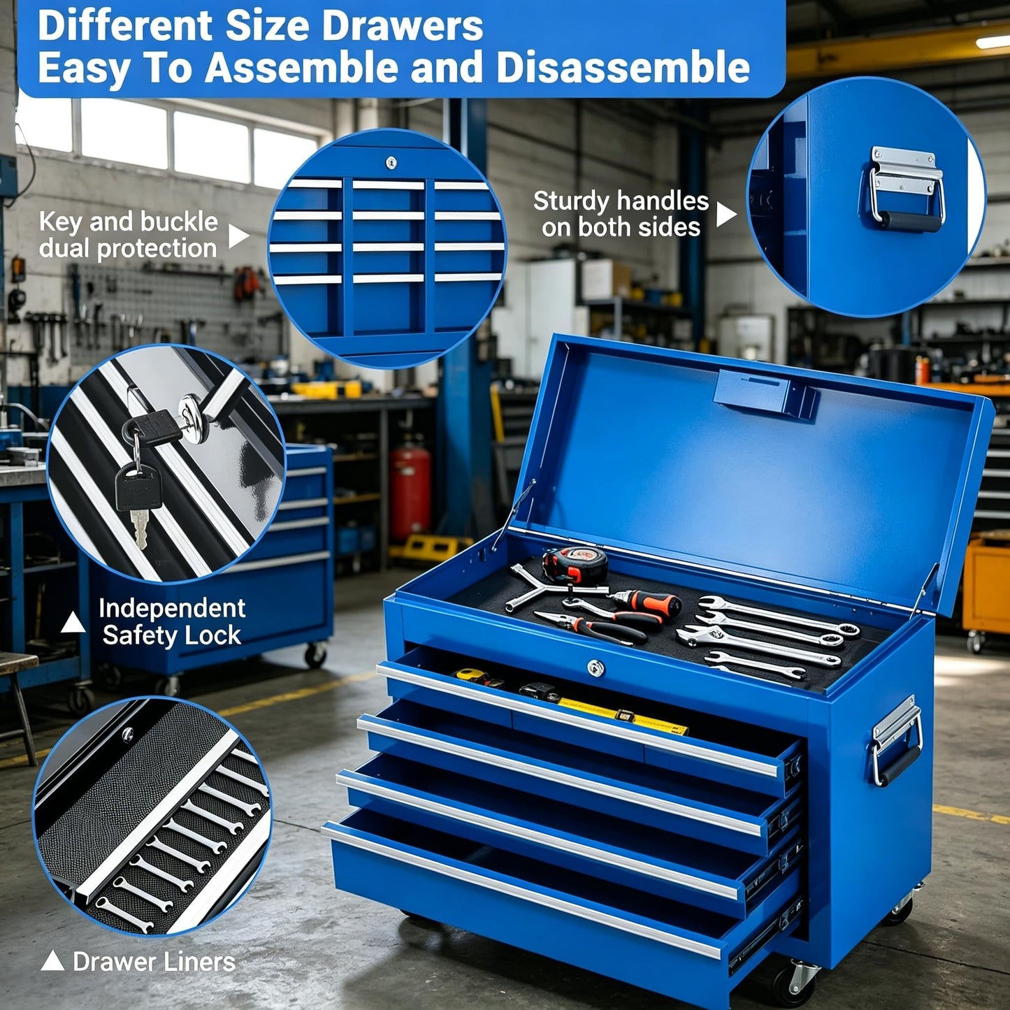 SierraSquad Heavy Duty 5-Drawer Rolling Tool Chest, 2-in-1 Detachable Top Tool Box, Locking Steel Storage Cabinet Cart on Wheels, Blue