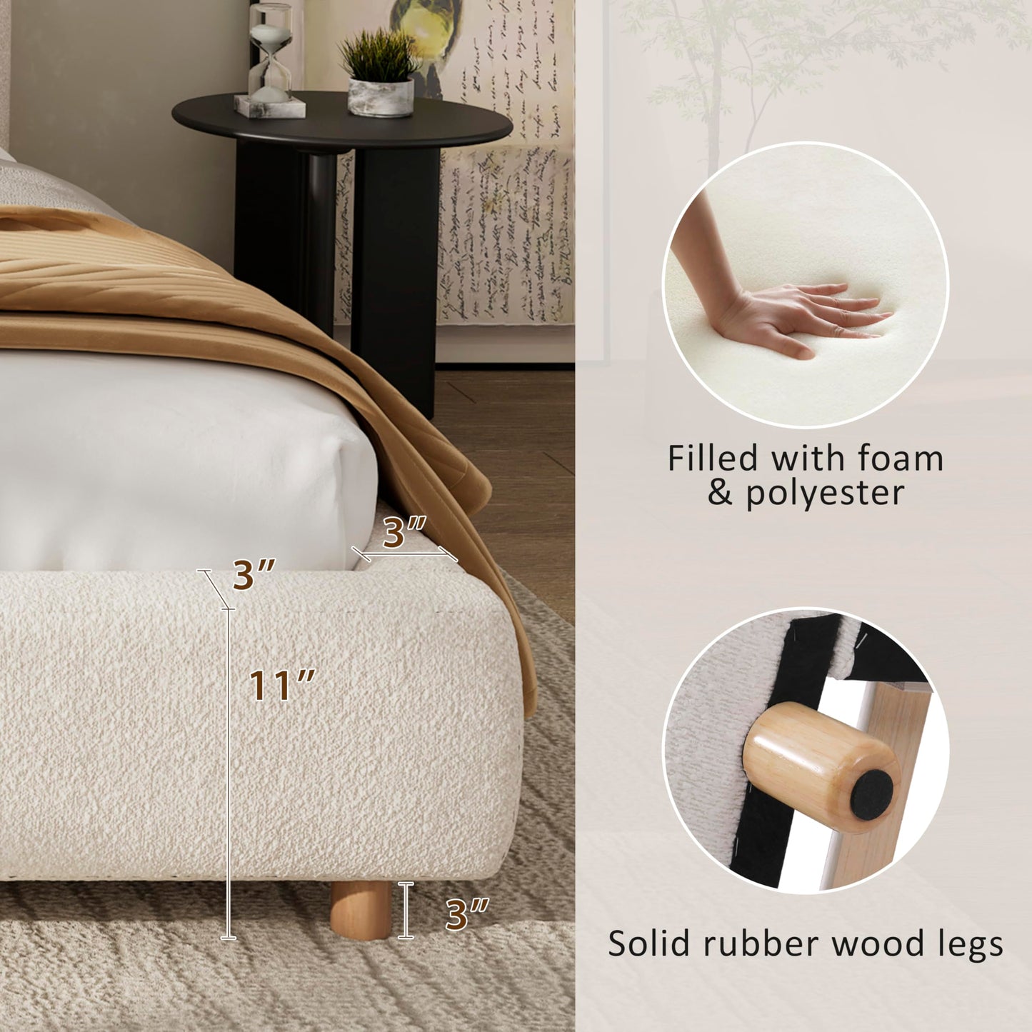 Christopher Knight Home Hazel California King Bed Frame with Headboard, Boucle Upholstered Platform Bed, Wooden Frame, Soft Curved Headboard, Slats Panel Support, No Box Spring Needed, White