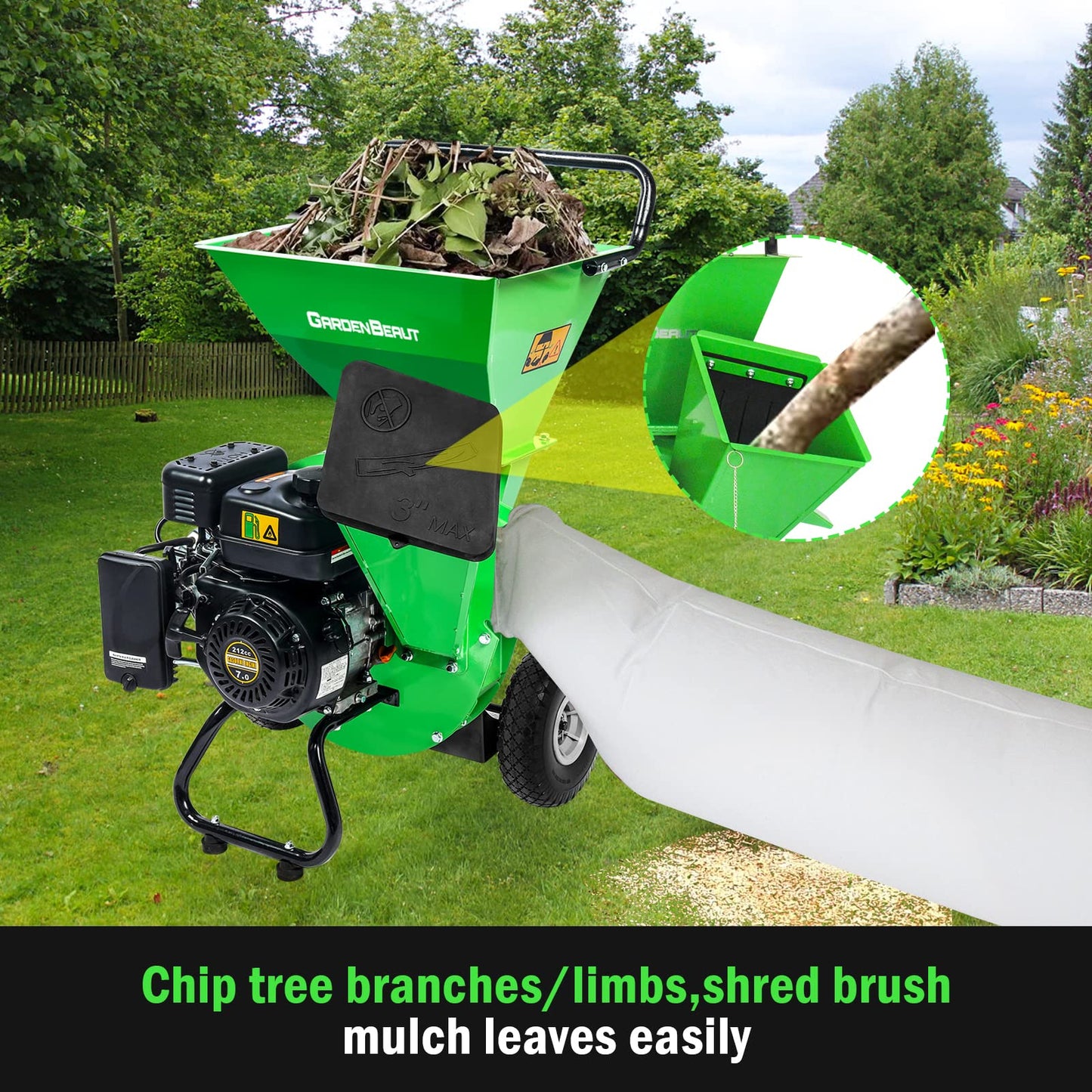 GARDENBEAUT 3 in 1 Wood Chipper Shredder Mulcher MF30, 7HP 212cc Heavy Duty Gas Powered, Max 3" Diameter Capacity for Wood, Limb, Leaves with Two Hoppers,4 Y-Hammers, Included Debris Bag