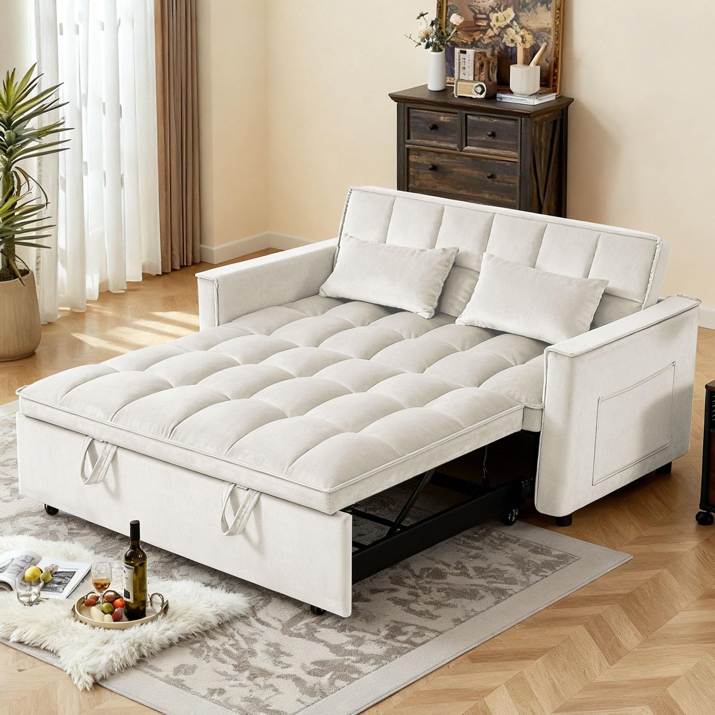 Trygoal 3 in 1 Convertible Sofa Bed, Loveseat Sleeper Sofa with Large Side Pockets, Pull Out Couch with Adjustable Backrest, Easy Assembly, Velvet Couch Bed for Small Spaces, Apartment, White