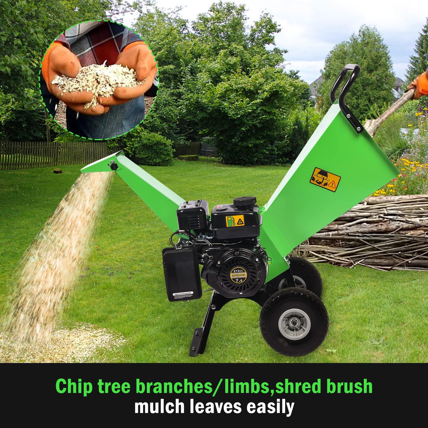 GARDENBEAUT R30 Wood Chipper 7HP Gas Powered, 3" Inch Max Cutting Diameter, All Steel Construction, Heavy Duty Shredder Mulcher 15: 1 Reduction