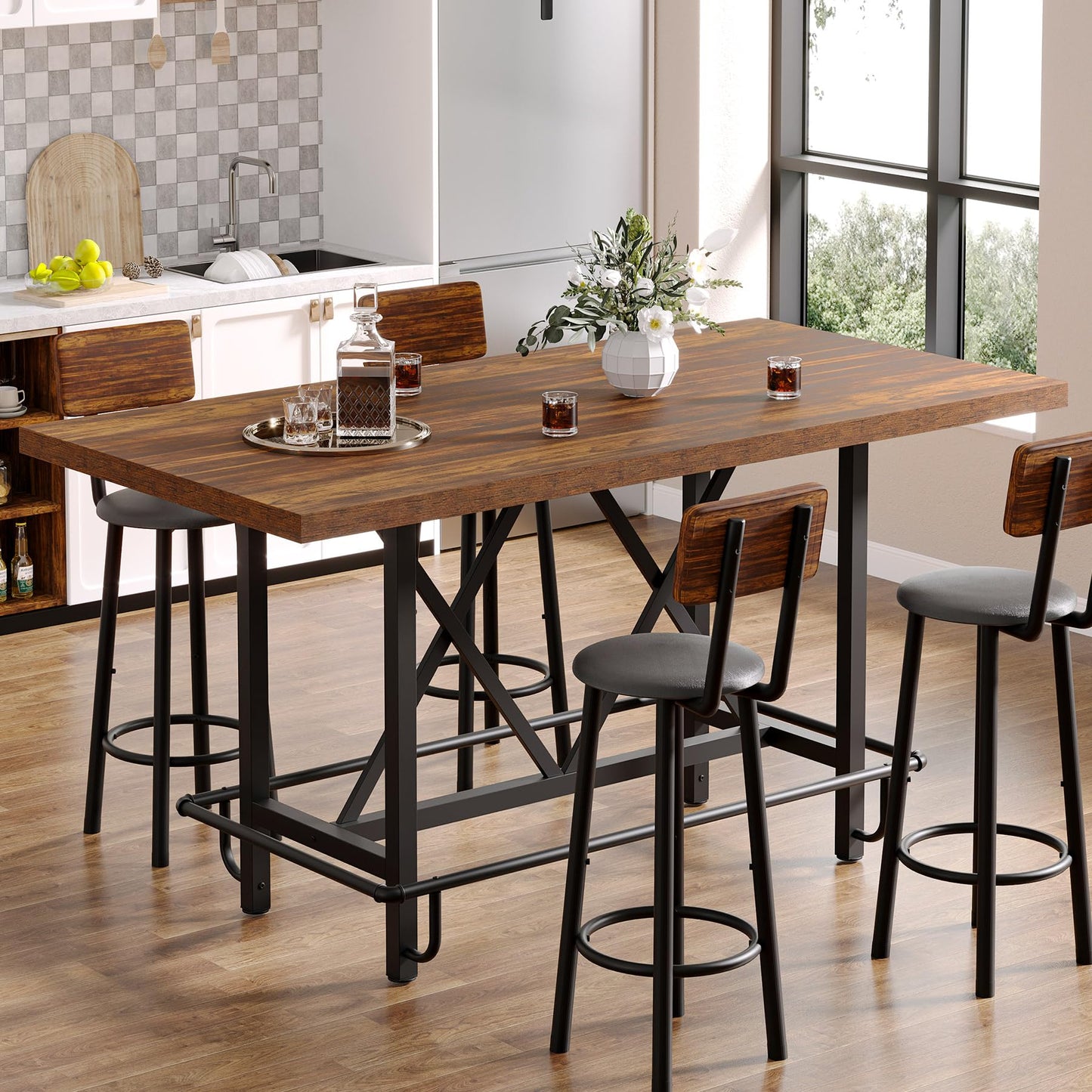 Tribesigns Bar Table, Industrial Counter Height Pub Table with Metal Footrest, 63-Inch Rectangle Wood Kitchen Dining Table with Sturdy Metal Frame for Dining Room, Home Bar (Brown)