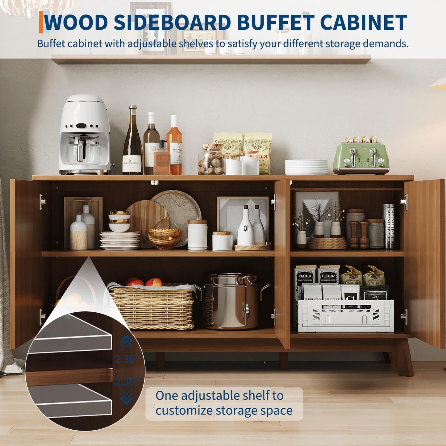 GarveeHome 58" Modern Farmhouse Sideboard Buffet Cabinet with Adjustable Shelves Storage & 4 Doors, Wood Buffet Console Table, Curved Design, Cupboard Coffee Bar Cabinet for Dining Room, Living Room