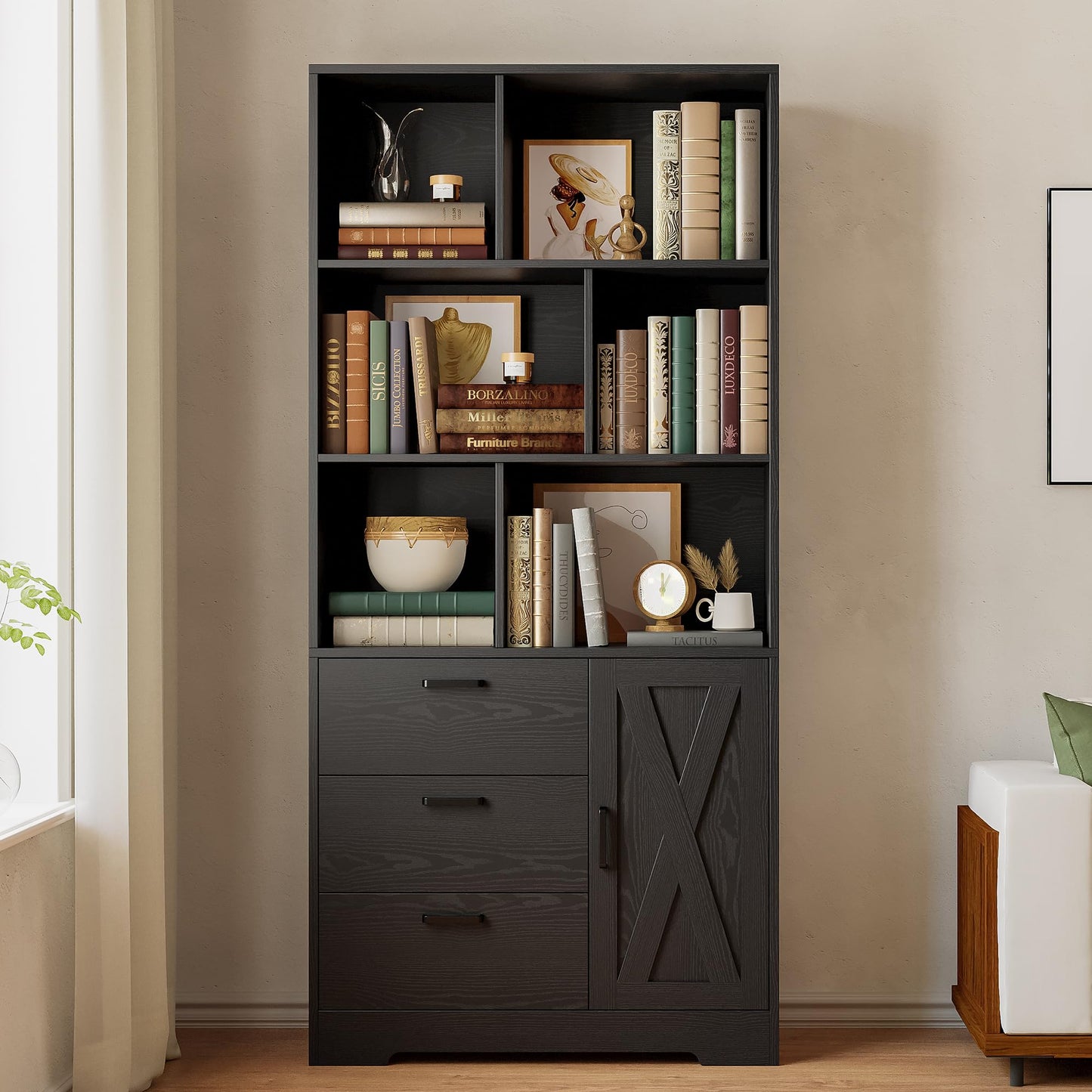 IRONCK Bookshelf, 70.9 Inch Tall Bookcase, Black Book Shelf with Doors and 3 Drawers, 3-Tier Bookshelves with 6 Open Cubes for Home Office, Living Room, Study