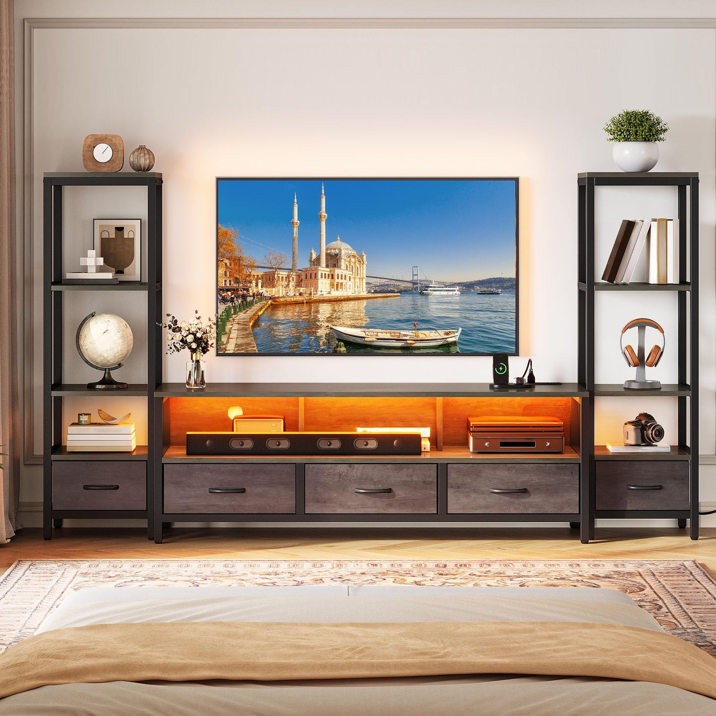 YITAHOME Modern TV Stands for 65 inch TVs, Entertainment Center with Drawers and Bookshelves, LED TV Console Cabinet with Power Outlets for Living Room, Grey