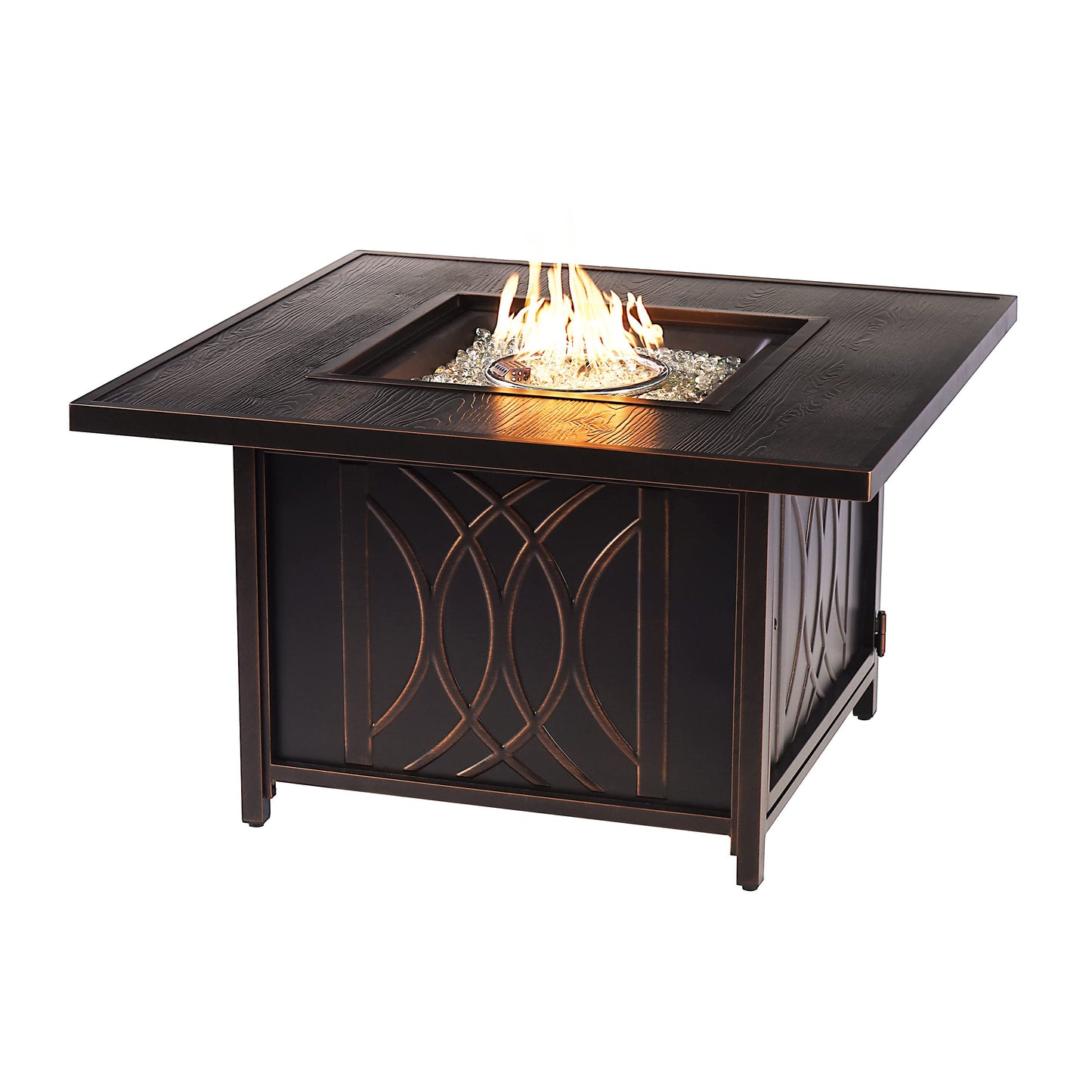 Oakland Living Black Aluminum Patio Fire Table Set with Four Club Chairs with Light Grey Cushions