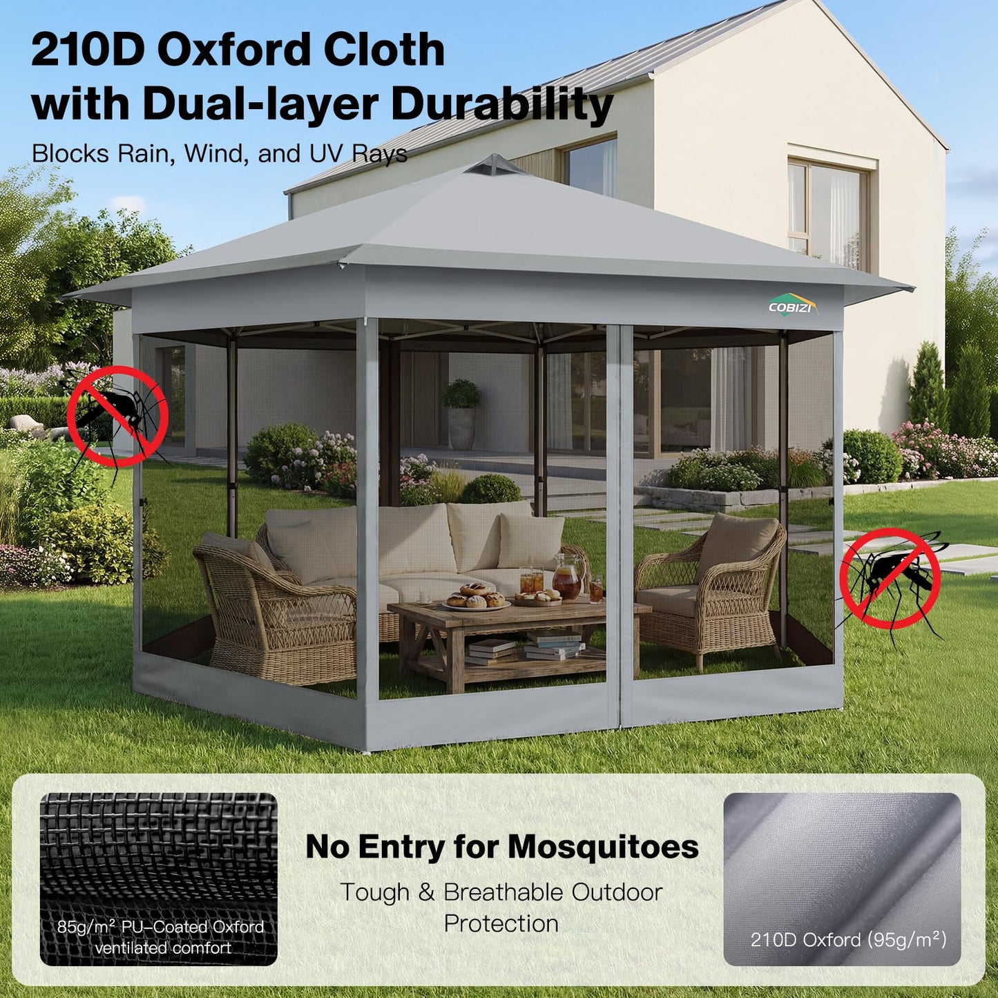 COBIZI 16x16 Pop up Gazebo on Clearance, Hexagonal Outdoor Canopy Tent with Mosquito Netting，Adjustable Height and 256 Square ft of Shade for Party, Backyard, Gardens with Vented Top（Gray）