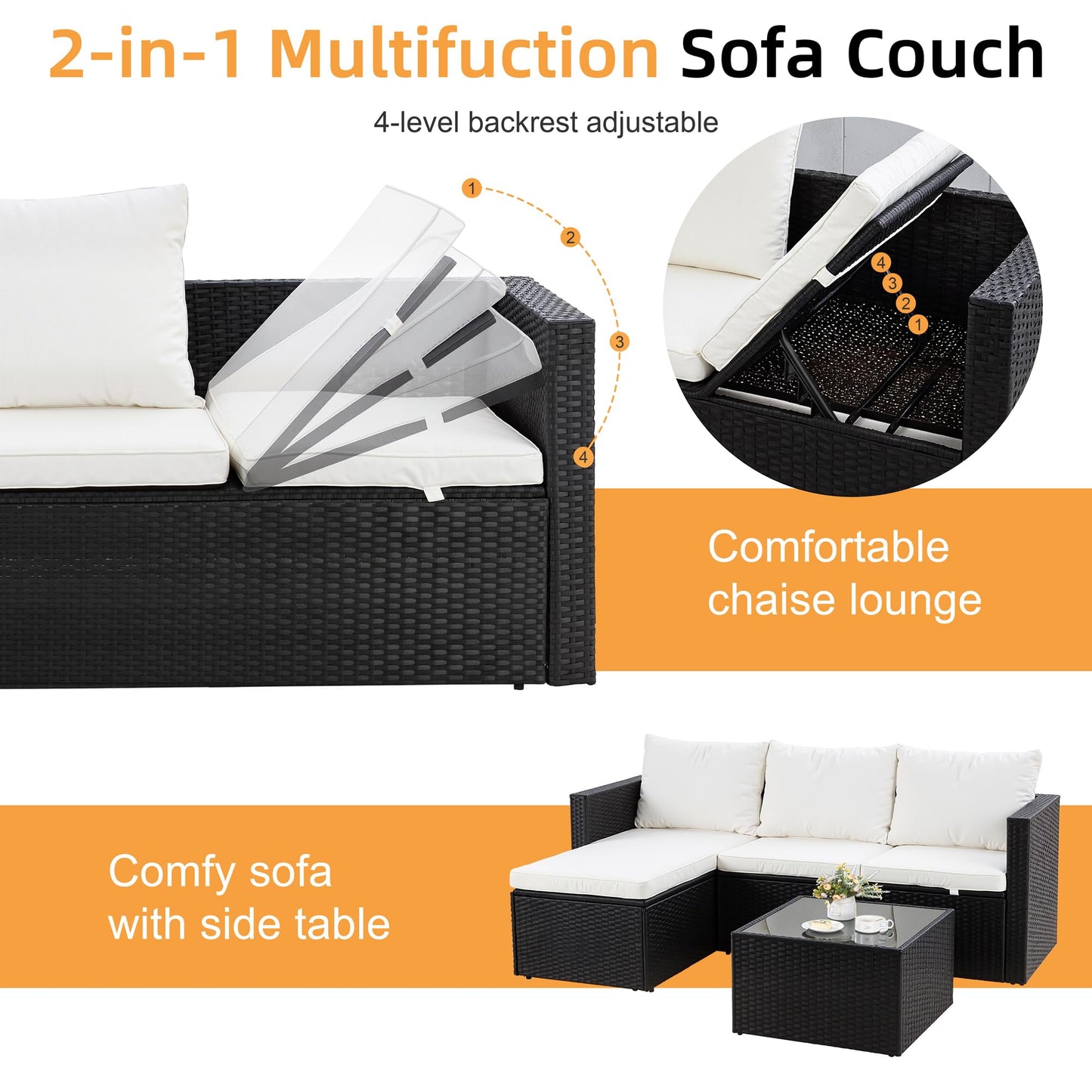 Shintenchi 4 Pieces Patio Furniture Set, 2-in-1 Convertible Sectional Sofa & Chaise Lounge, All-Weather Wicker Rattan Sofa Couch with Cushions & Coffee Table for Yard, Garden, Porch, Poolside (Beige)